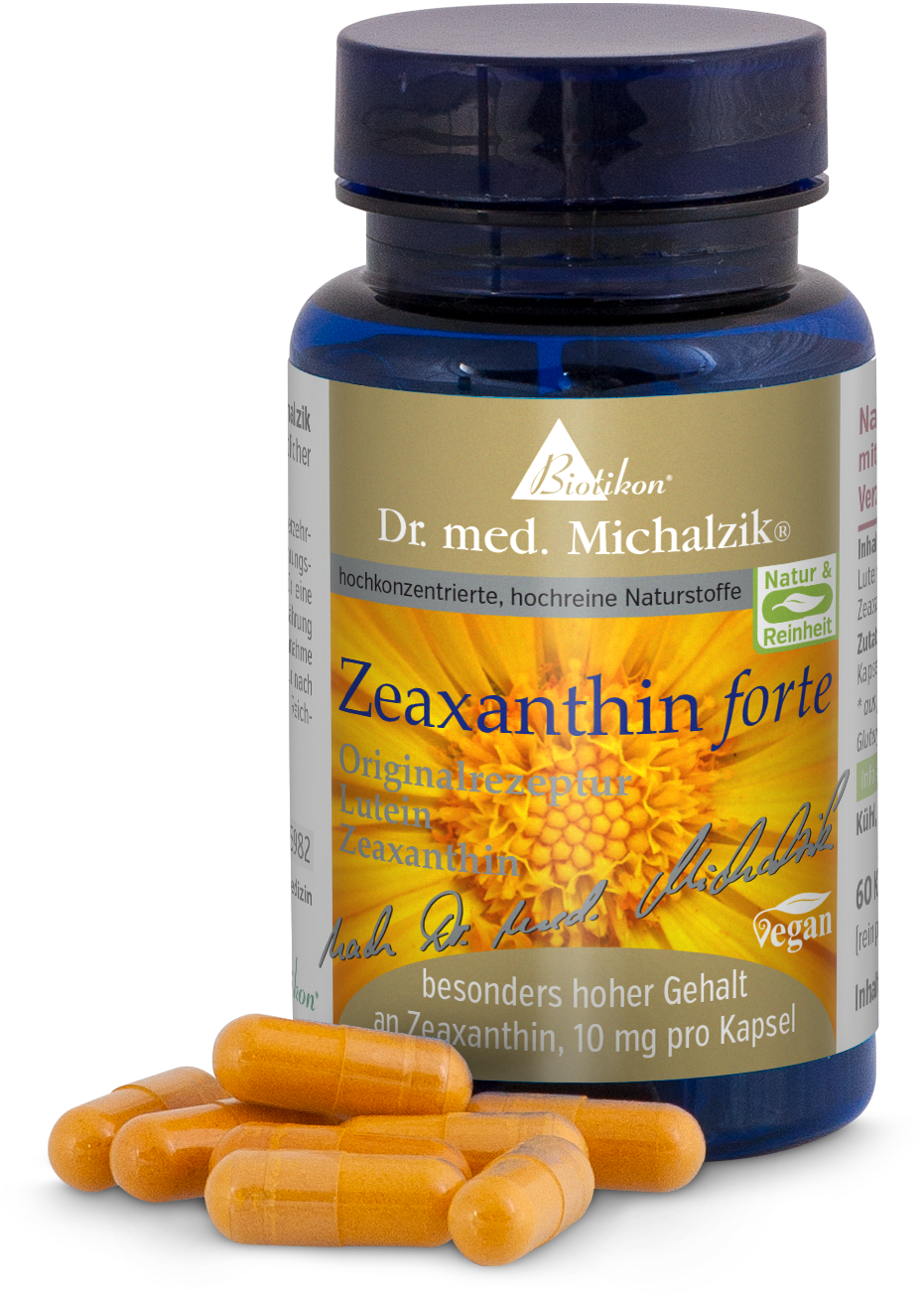 Zeaxantina forte 10 mg – Cápsulas Cápsulas de zeaxantina forte, 60 unidades en botella azul, cápsulas de color naranja.