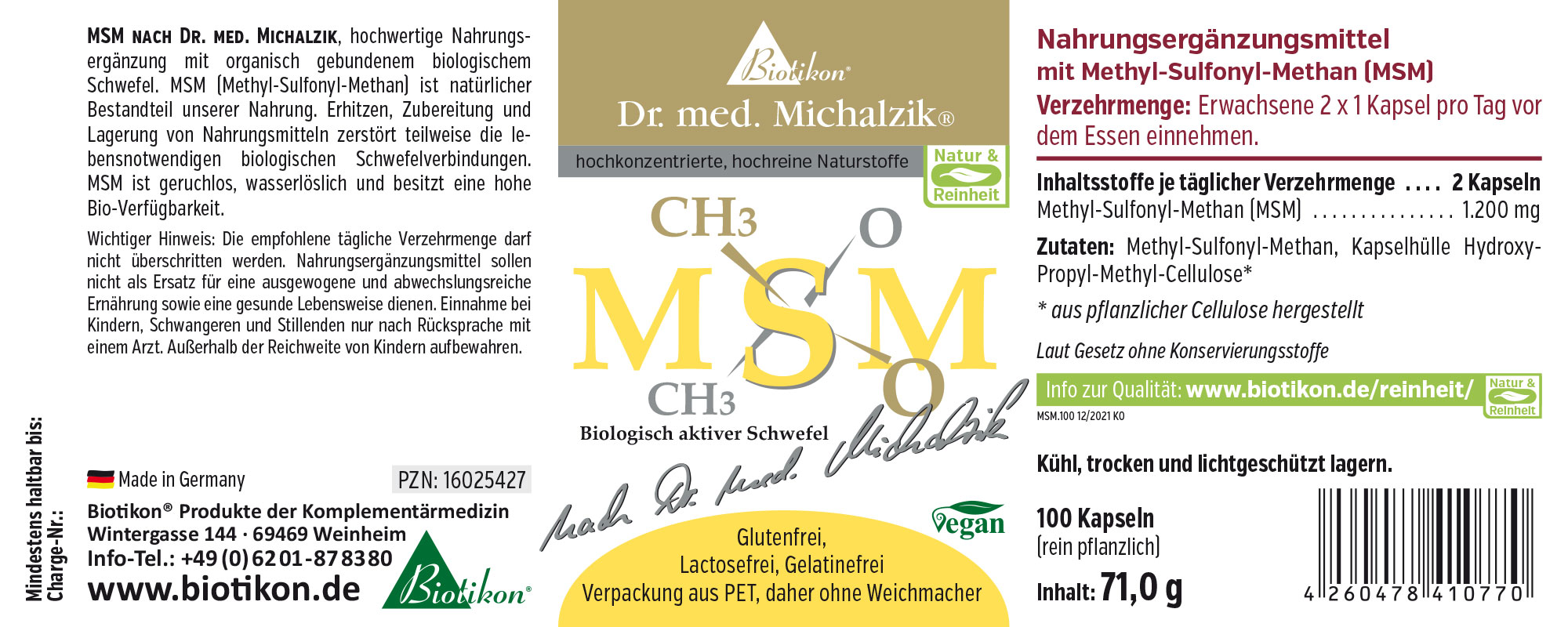 Suplemento dietético de MSM en cápsulas, 100 unidades, envoltura vegetal, empaquetado en un bote de plástico.