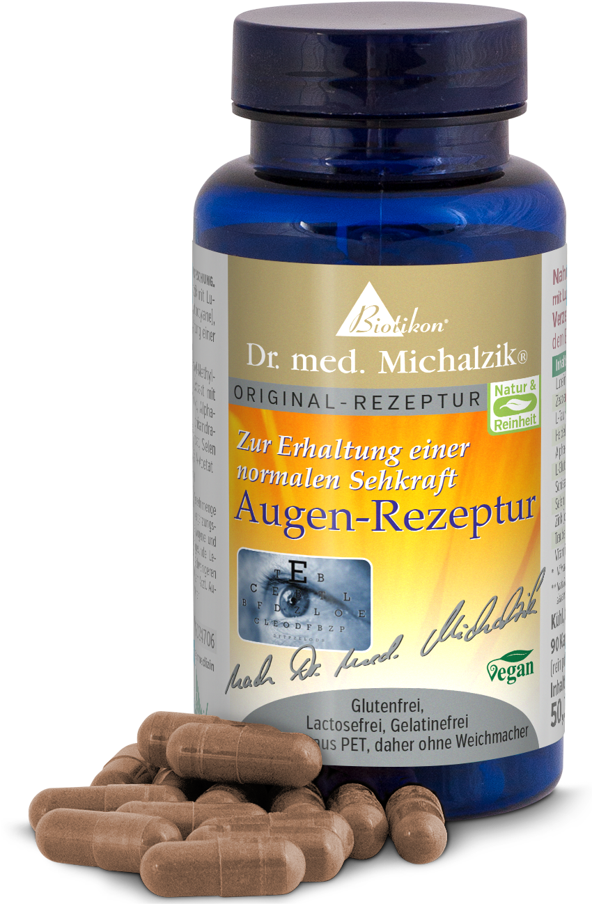 Cápsulas para los ojos – 50 piezas Cápsulas para los ojos en botella azul, 50 piezas, cápsulas marrones, veganas y sin gluten.