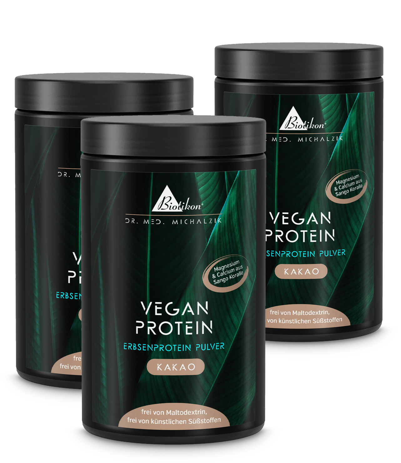 Tres frascos de proteína vegetal en polvo de cacao, 300 g cada uno, diseño blanco con etiqueta marrón, mostrado de frente.