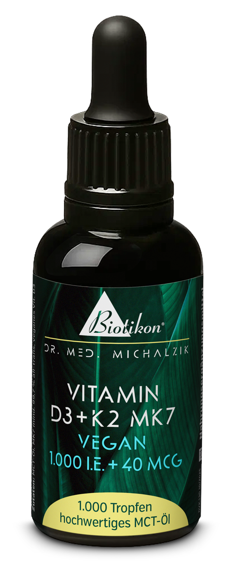 Botella de gotas con 1000 unidades de vitamina D3 y K2 MK7, envase negro, bien visible.