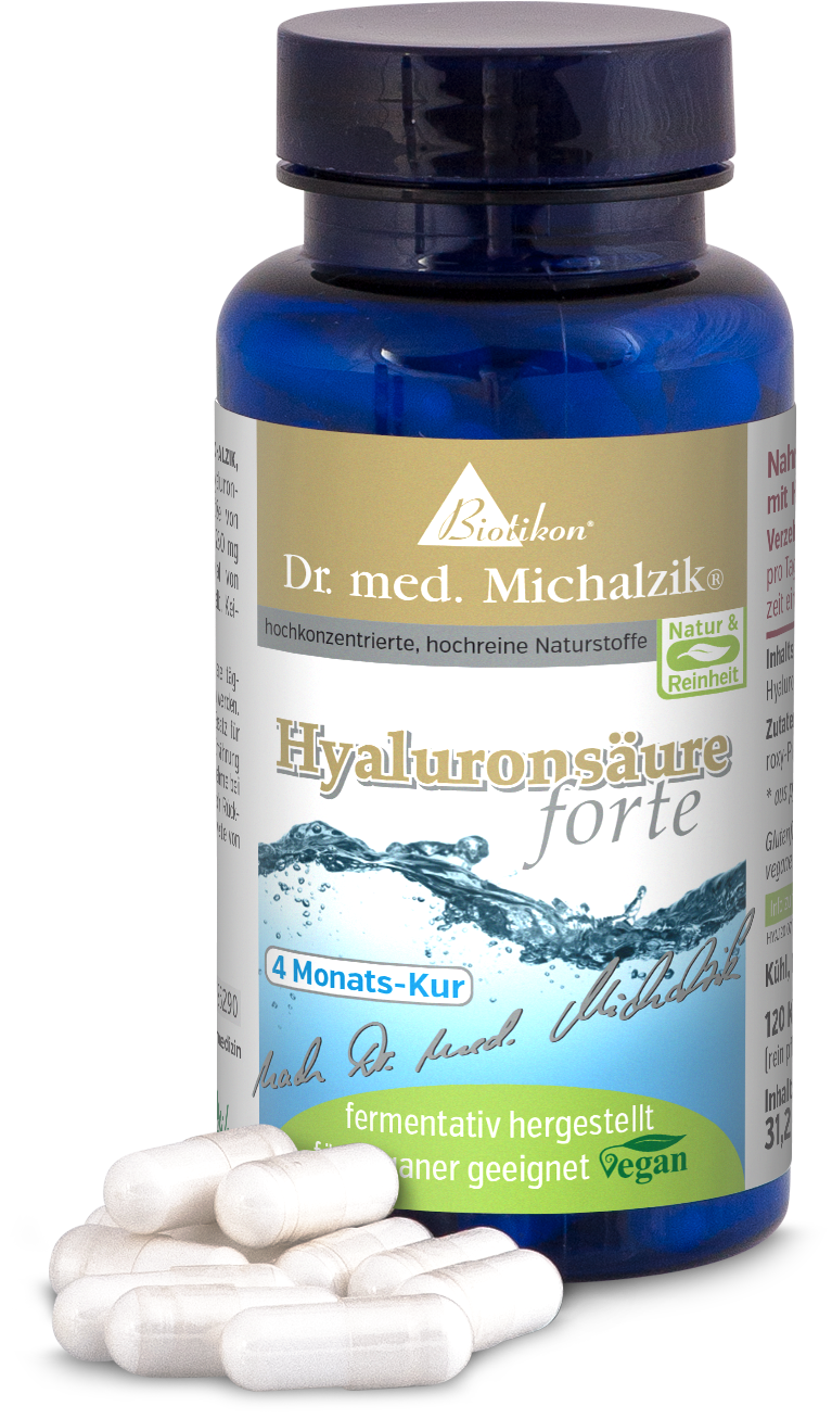 Ácido Hialurónico 120 Cápsulas - Tratamiento de 4 Meses Botella azul con 120 cápsulas de ácido hialurónico, veganas, fabricadas por fermentación, vista frontal y superior.
