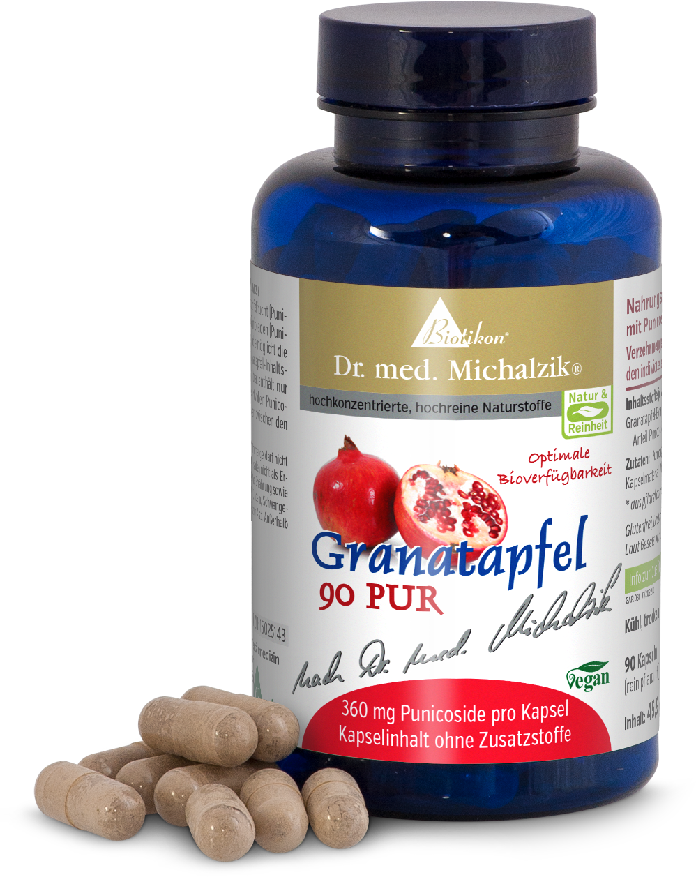 Cápsulas de granada en frasco azul, 90 unidades, con cápsulas visibles en beige, veganas.