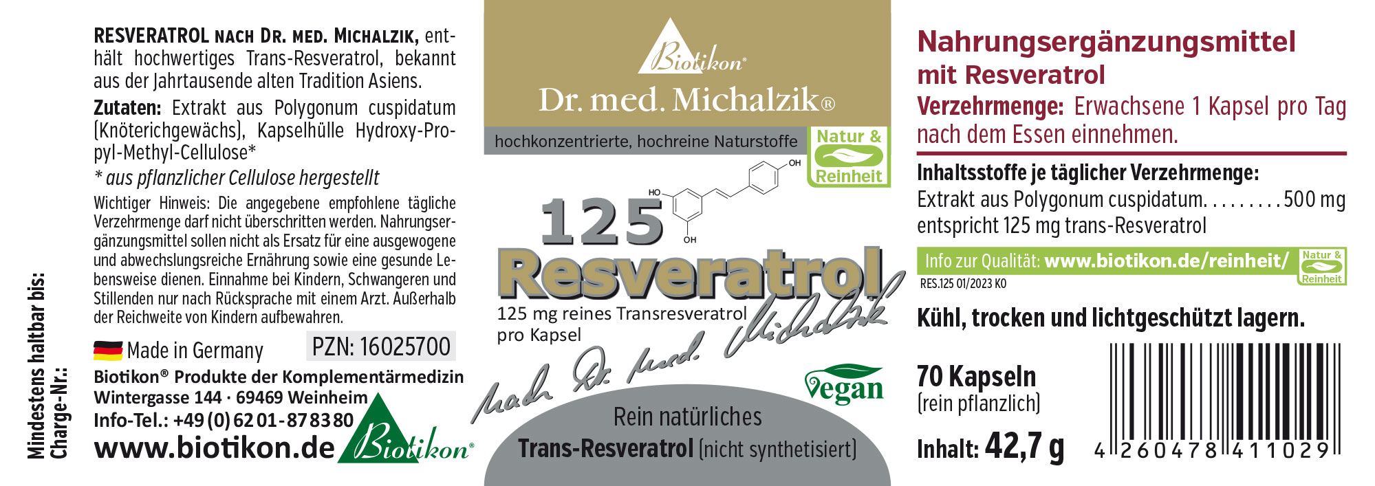Resveratrol 125 mg – Cápsulas Suplemento de resveratrol, 70 cápsulas, vegano, envase blanco y verde, vista de información del producto y contenido.