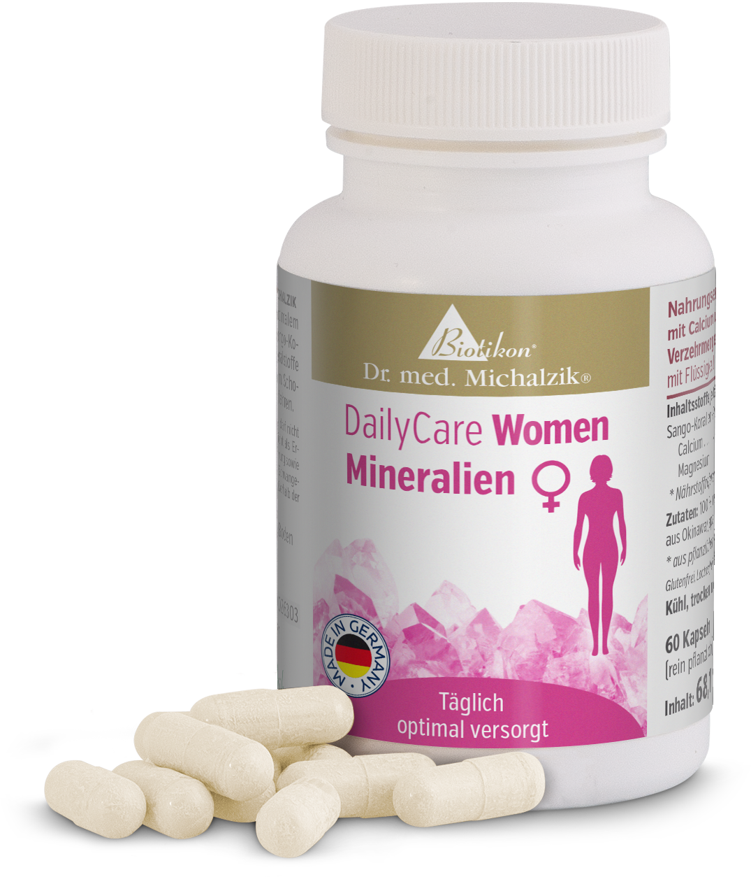 Cápsulas de Minerales 60 Unidades – DailyCare Women Cápsulas DailyCare Women de minerales, 60 unidades, cápsulas blancas en botella de plástico, vista del embalaje y cápsulas