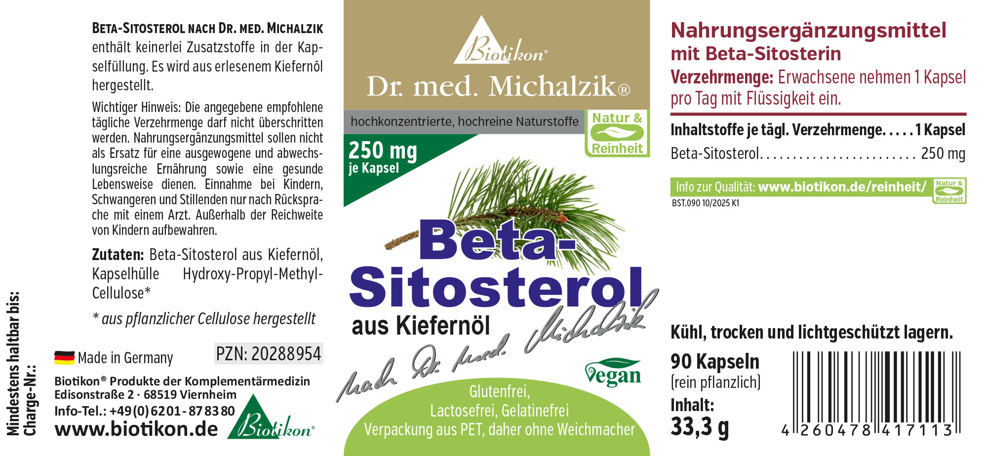 Beta-Sitosterol 250 mg – Cápsulas 90 cápsulas de Beta-Sitosterol de madera de pino, envase vegano, 250 mg por cápsula.
