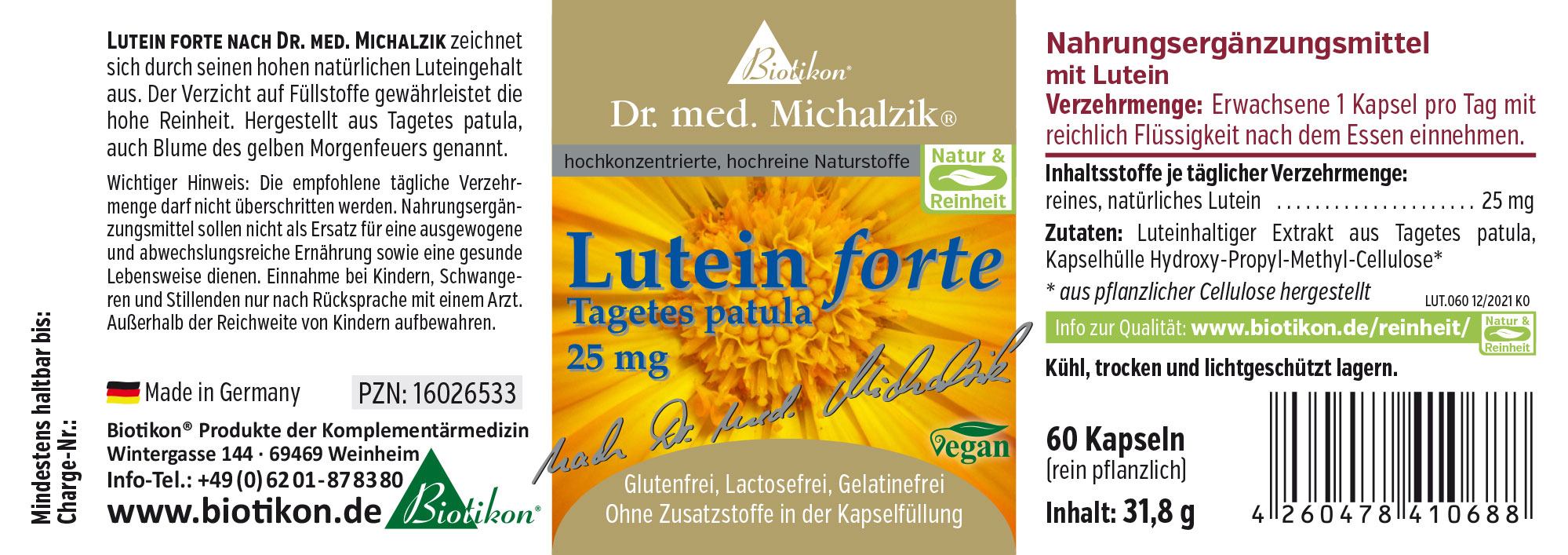 Luteína Forte 25 mg – Cápsulas Veganas Suplemento Luteína Forte con 60 cápsulas veganas, envase en amarillo y blanco.