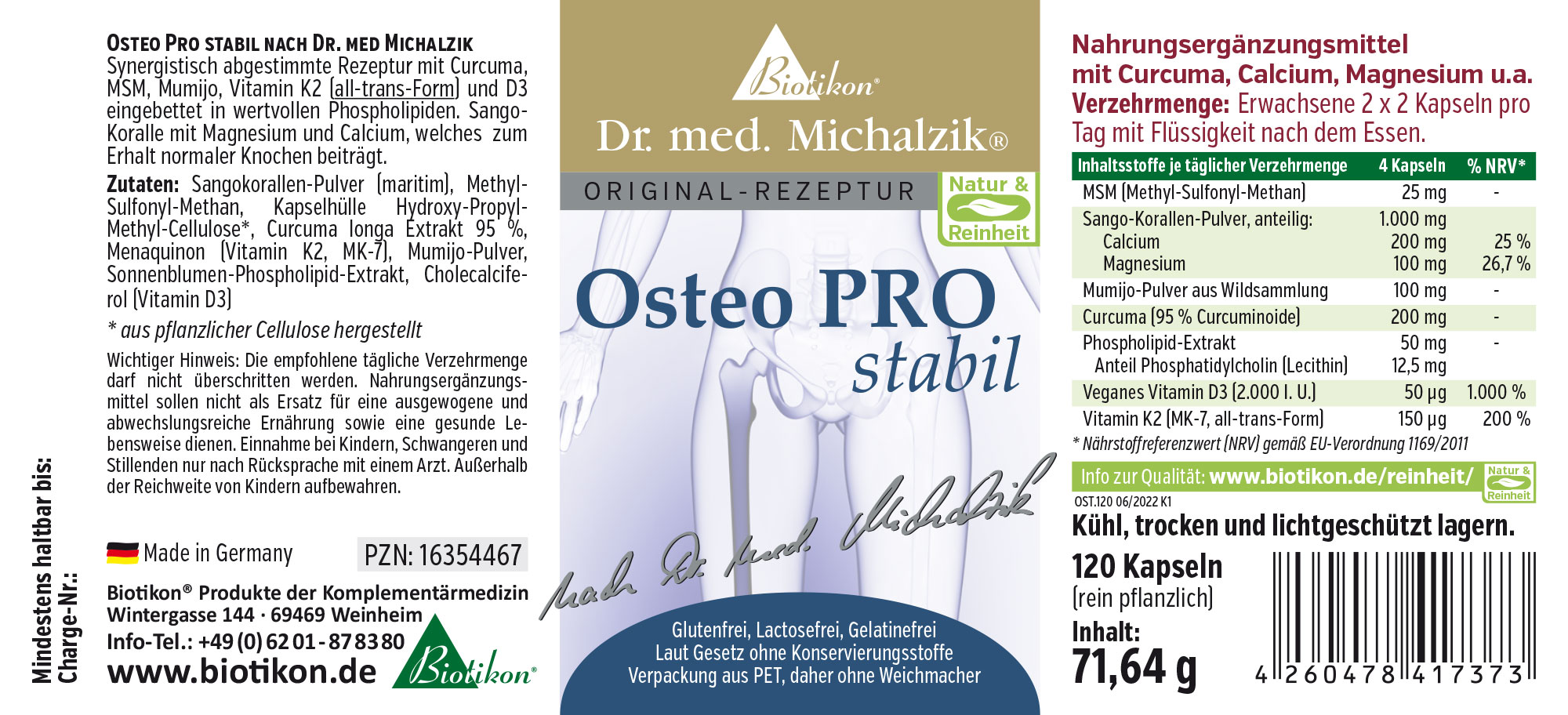Suplemento dietético Osteo PRO estable en cápsulas, 120 unidades, envase de diseño claro, cápsulas envueltas en el producto.