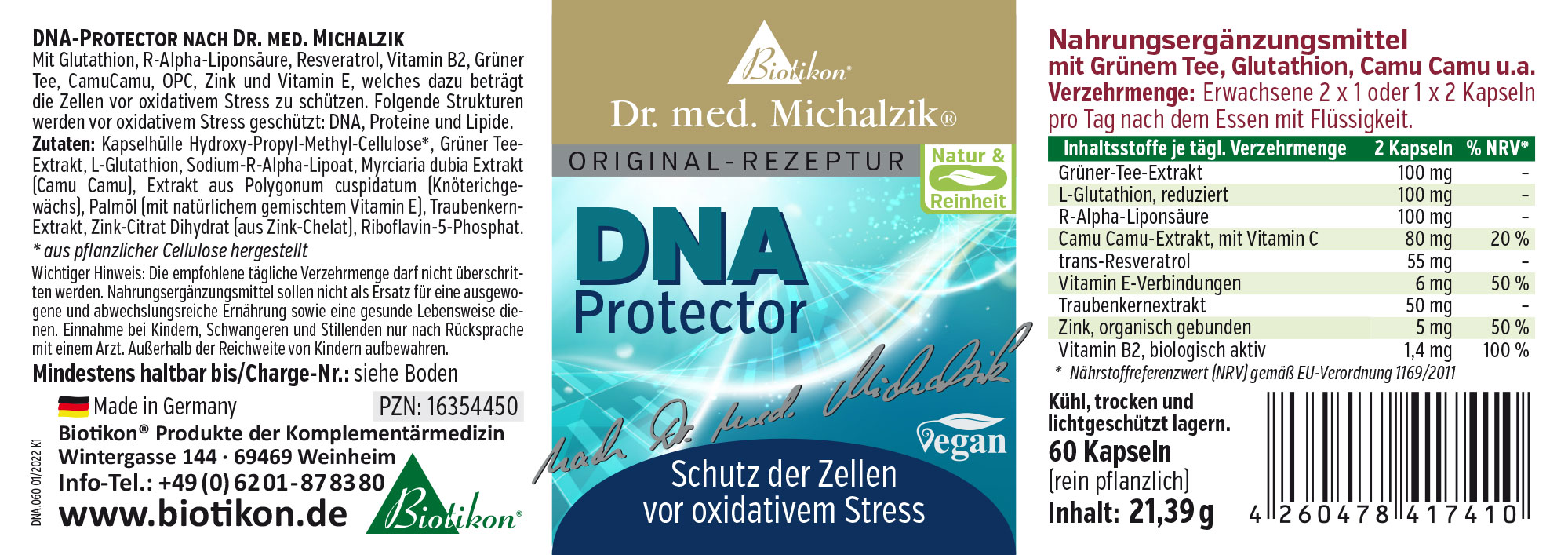 Etiqueta de DNA-Protector 60 cápsulas en un paquete, diseño en verde y azul, presentado sobre un fondo blanco.