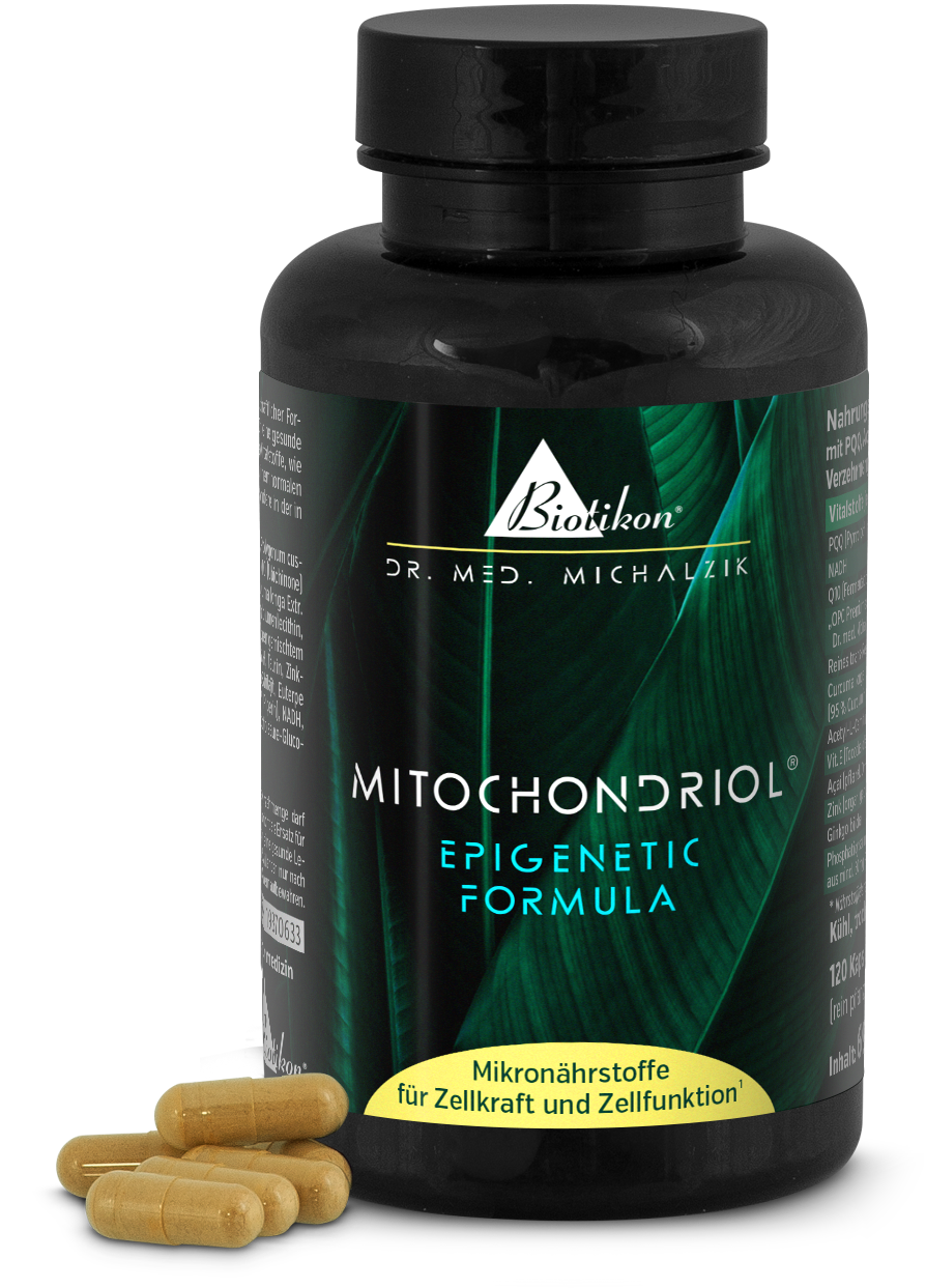 Cápsulas de Mitochondriol en botella negra, 120 cápsulas ligeras visibles, diseño de hojas verdes.