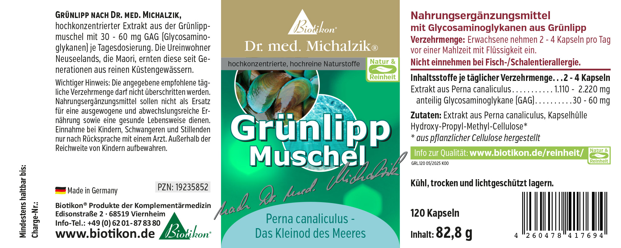 Suplemento dietético Mejillón de labios verdes, 120 cápsulas, envase verde, vista frontal.