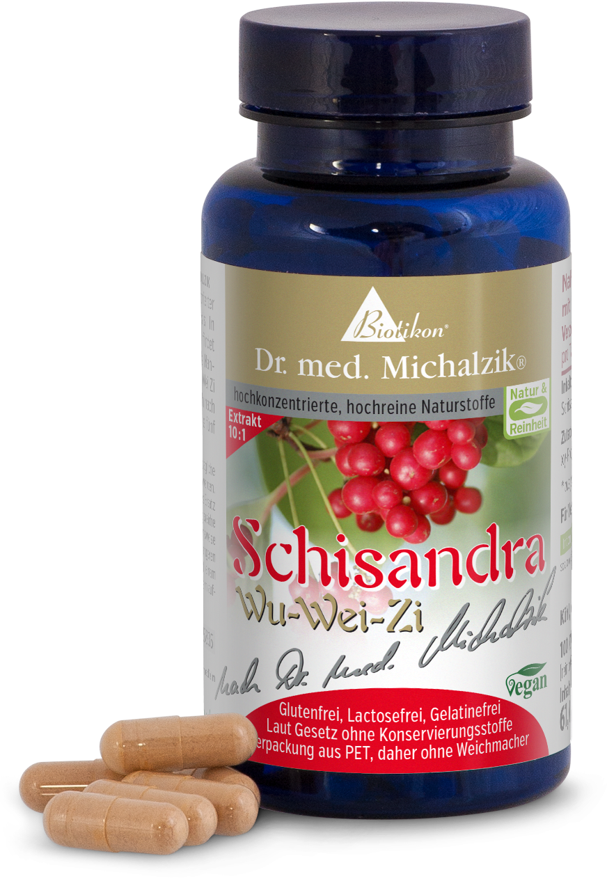 Schisandra Wu-Wei-Zi – 100 cápsulas Botella azul con cápsulas de Schisandra Wu-Wei-Zi, 100 unidades, cápsulas de color natural, vista frontal.