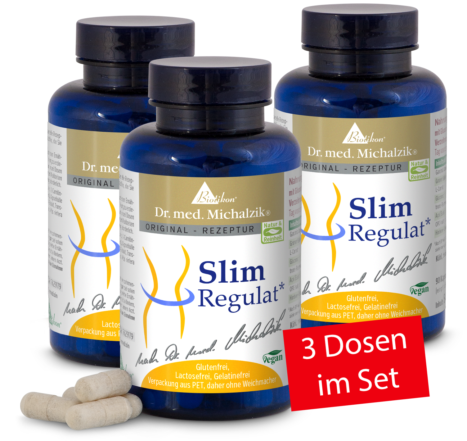 Slim Regulat – 3 latas en set Tres latas azules de cápsulas Slim Regulat, 90 cápsulas por lata, veganas, sin gluten ni lactosa, con cápsulas visibles al frente.