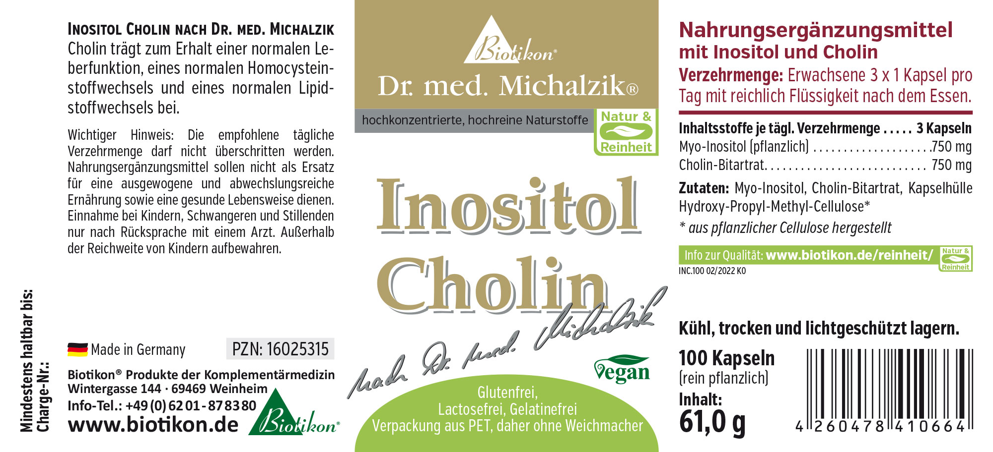 Suplemento dietético Inositol y Colina, 100 cápsulas veganas, envase amarillo y gris, vista frontal.