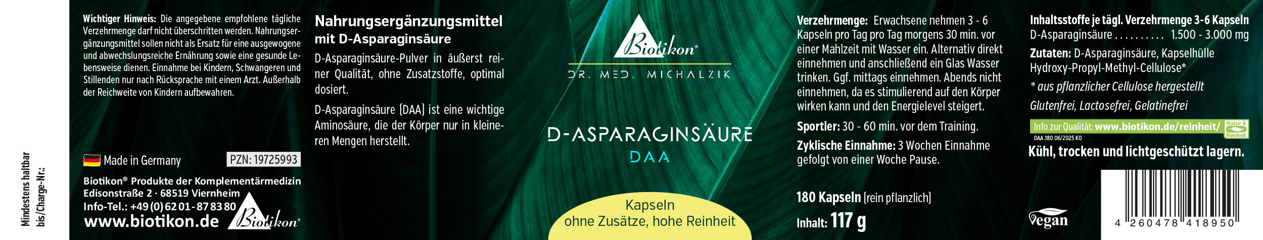 Cápsulas de D-Aspartato, 180 unidades, envase verde, vista frontal.