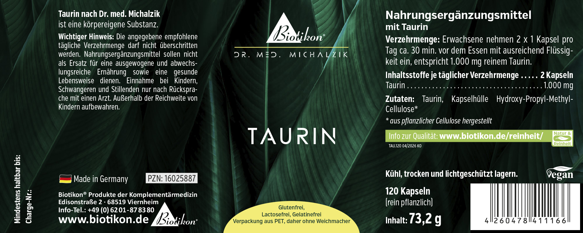 Suplemento de taurina en cápsulas veganas y sin gluten, 120 unidades, envase de color verde.