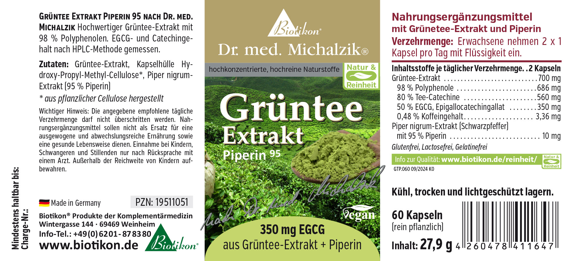 Extracto de té verde 350 mg – Cápsulas Extracto de té verde con piperina, 60 cápsulas en envase, color verde, vista lateral.