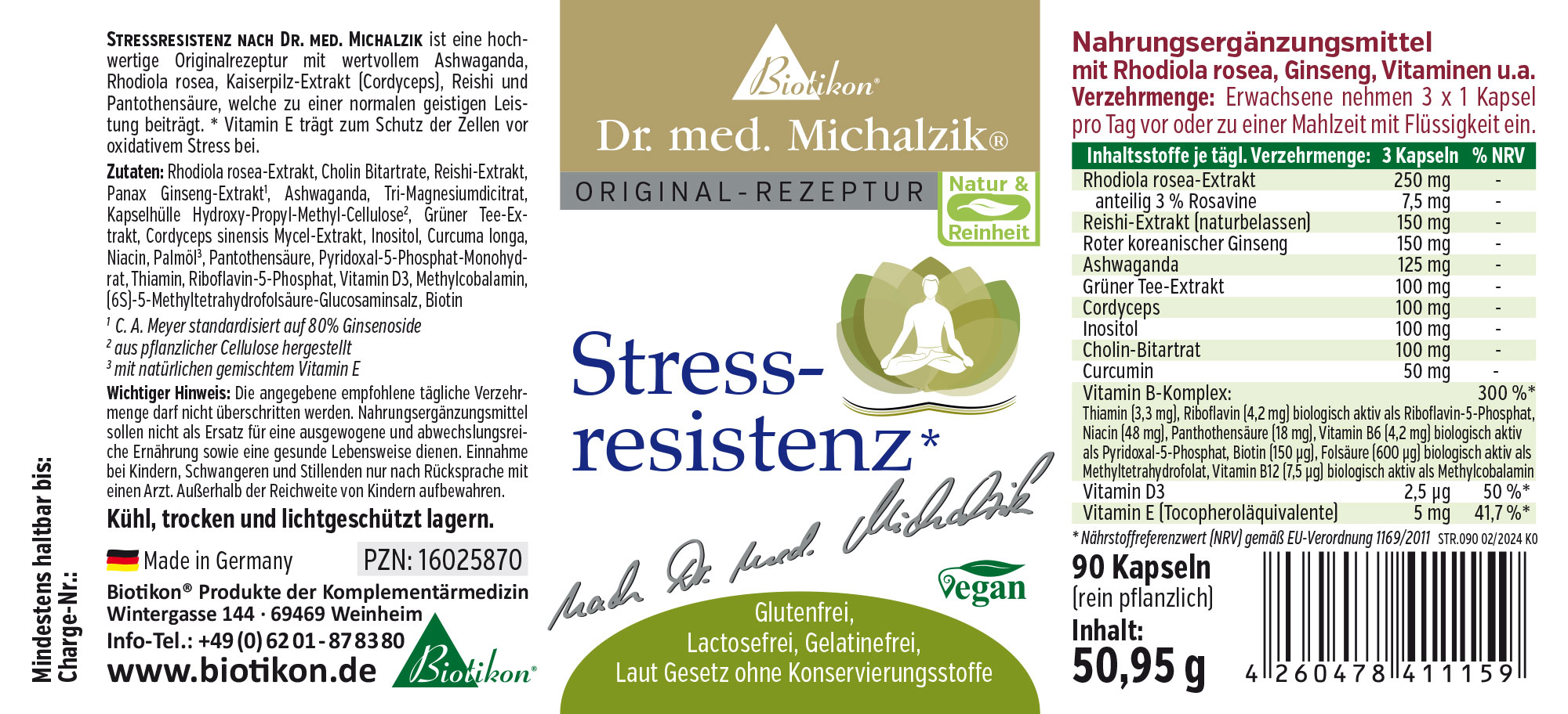 Resistencia al estrés - 90 cápsulas Suplemento dietético en una botella transparente con 90 cápsulas veganas, de diseño colorido, para manejo del estrés.