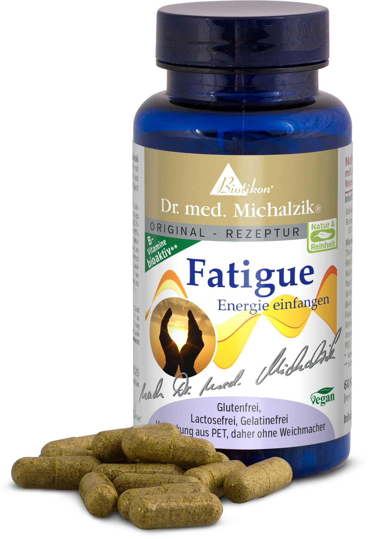 Cápsulas marrones en una botella azul, 60 unidades, sin gluten, veganas.