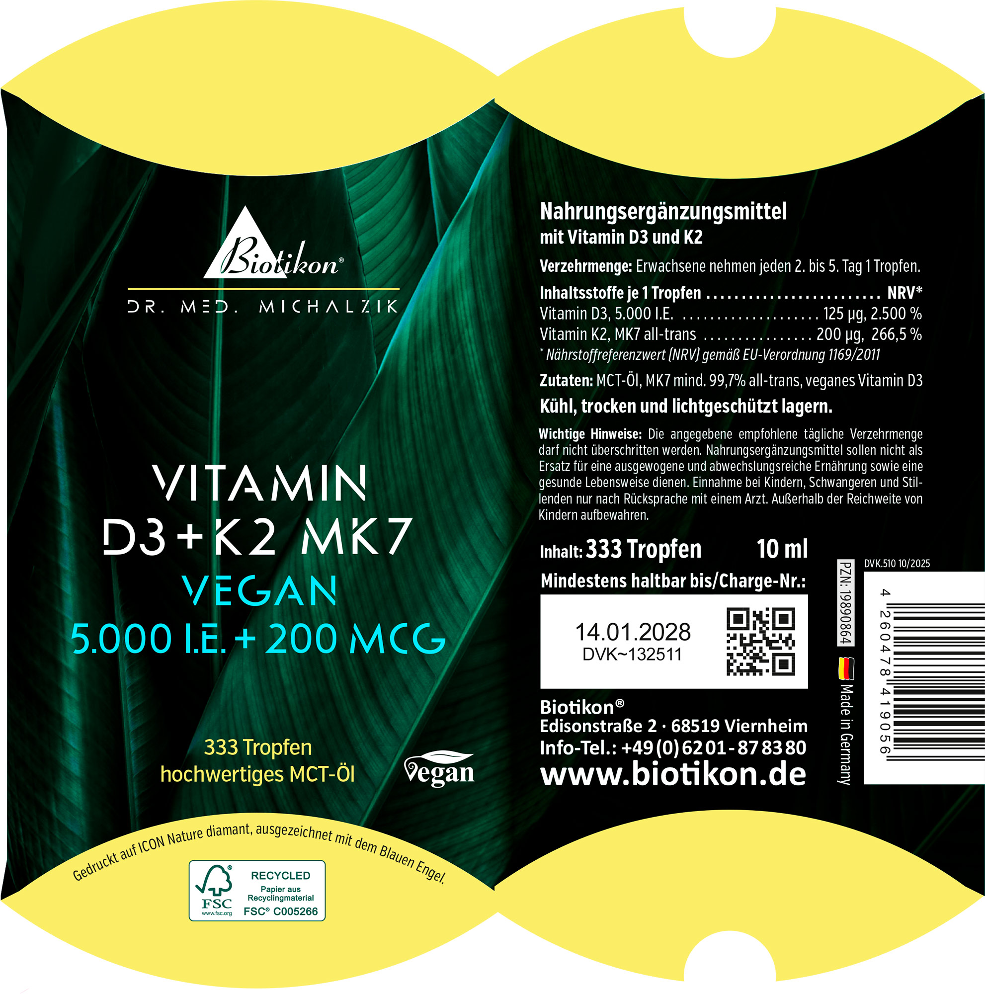 Suplemento con vitamina D3 y K2 en forma de gotas, 10 ml, envase verde.