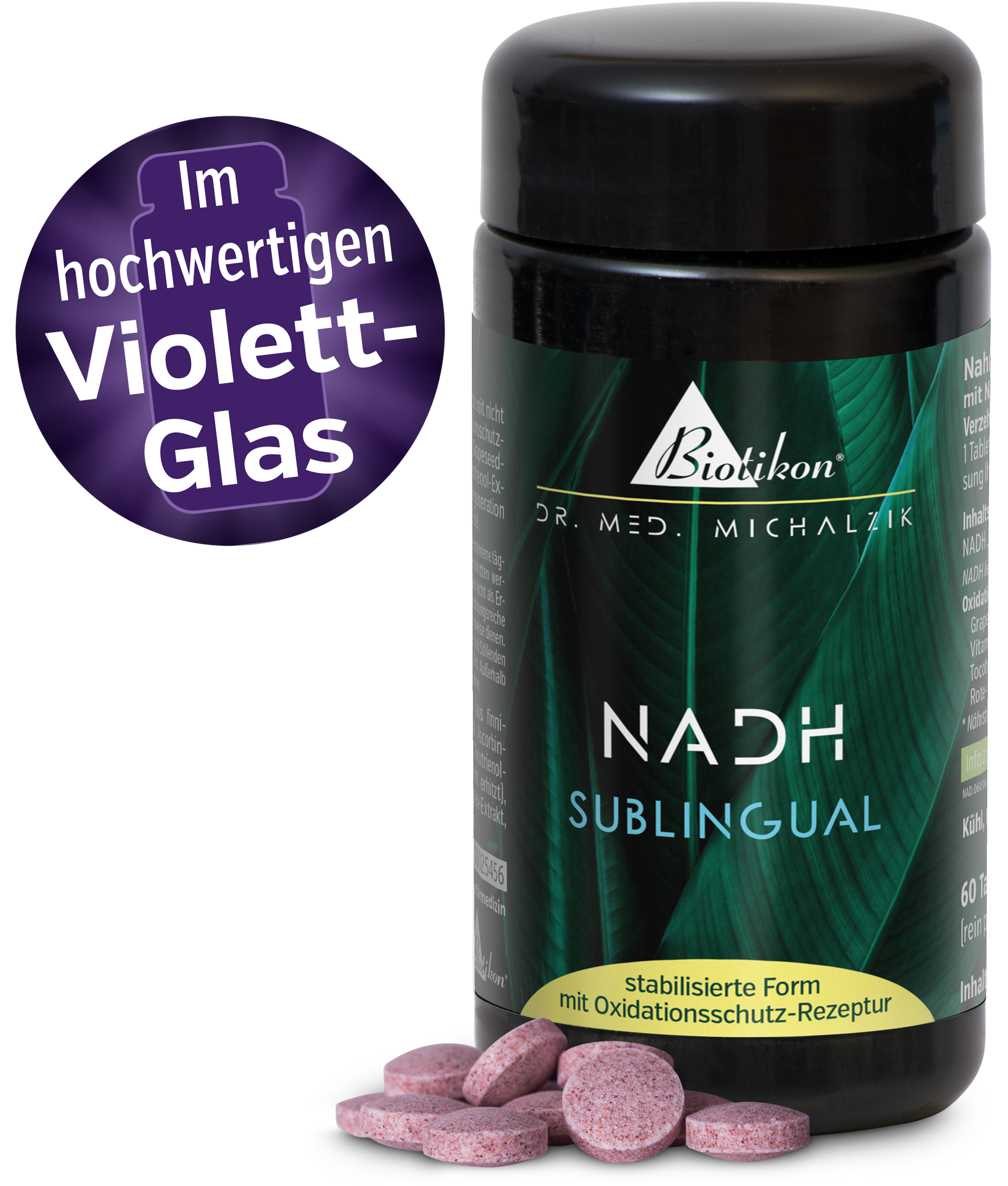 Dosis de NADH en vidrio violeta de alta calidad Botella de vidrio violeta con 60 tabletas sublinguales rosas, empaquetadas de alta calidad.