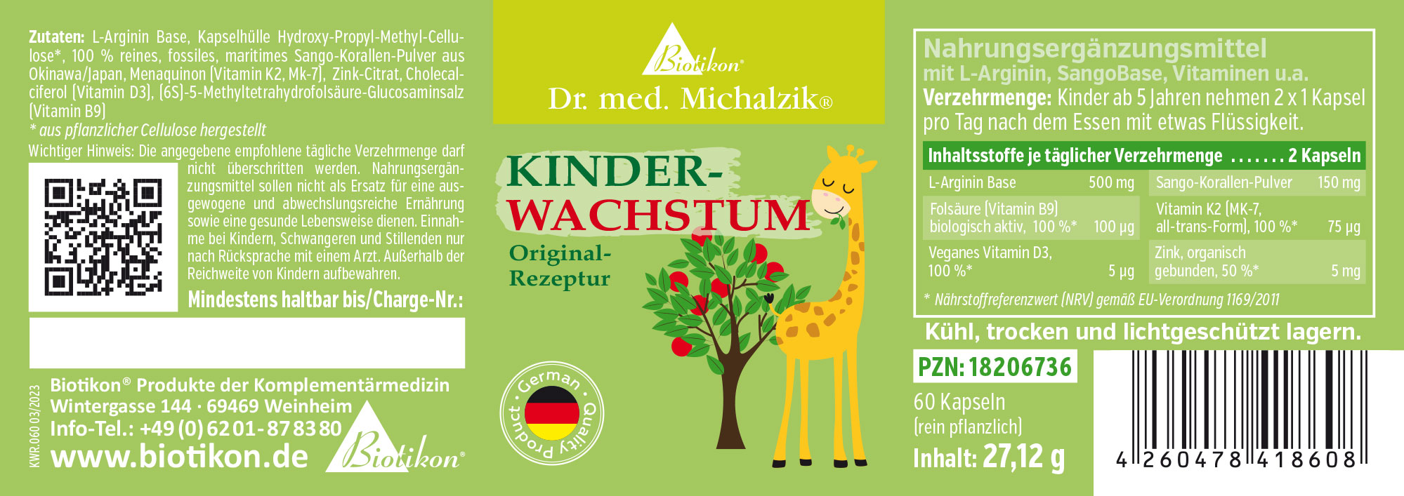 Cápsulas de crecimiento infantil – 60 unidades Suplemento alimenticio en envase verde, 60 cápsulas con L-Arginina y vitaminas, empaquetadas en una lata de metal.