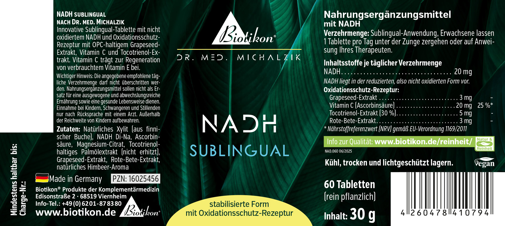 Tabletas sublinguales de NADH en diseño de empaque verde, 60 piezas, 30 g, con ingredientes.