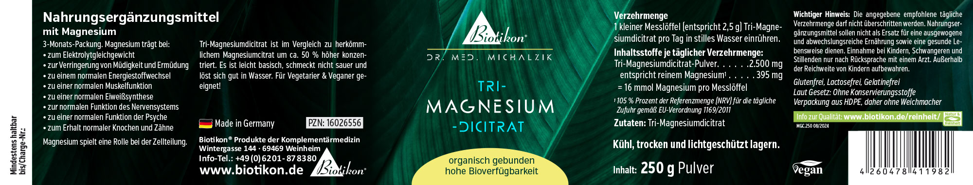Tri-Magnesio Dicitrato 250 g – Polvo Polvo de Tri-Magnesio Dicitrato en paquete de 250 g, envase verde, vista lateral, vegano.