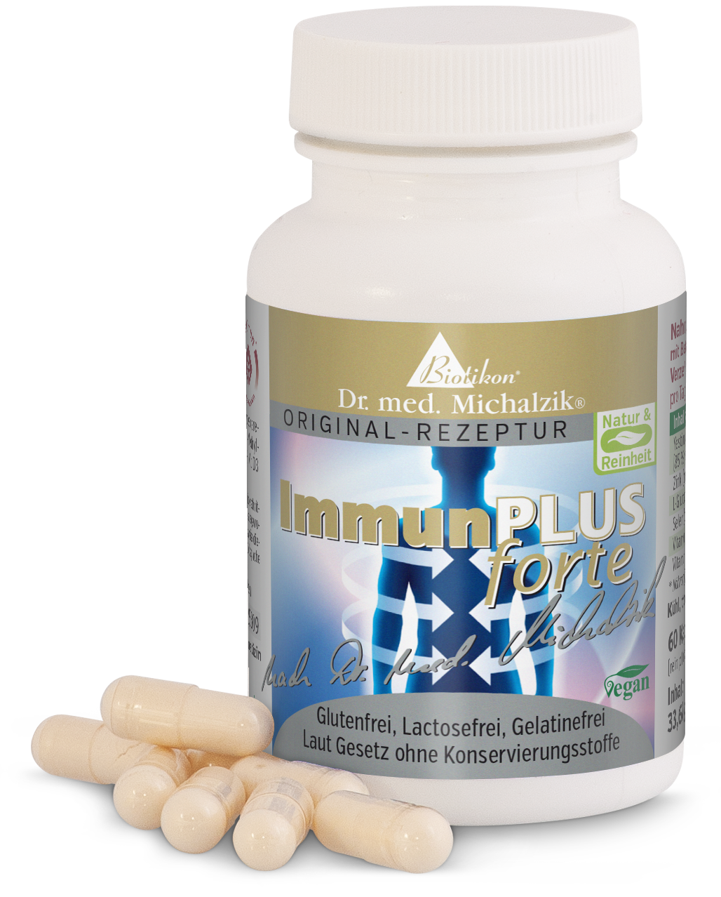 Inmunidad Plus Forte - Cápsulas Cápsulas para el apoyo inmunológico en un envase blanco, 60 unidades, sin gluten y veganas.