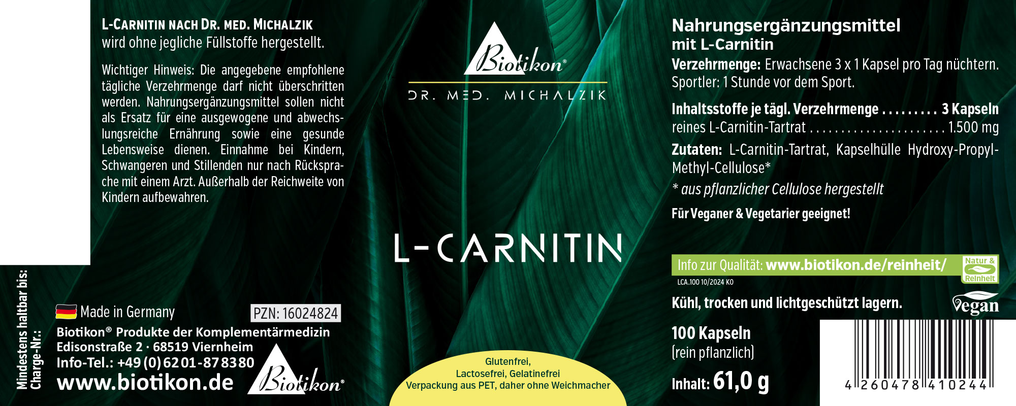 L-Carnitina 1500 mg – 100 Cápsulas Suplemento de L-Carnitina en forma de cápsulas, 100 cápsulas, envase verde, vista lateral