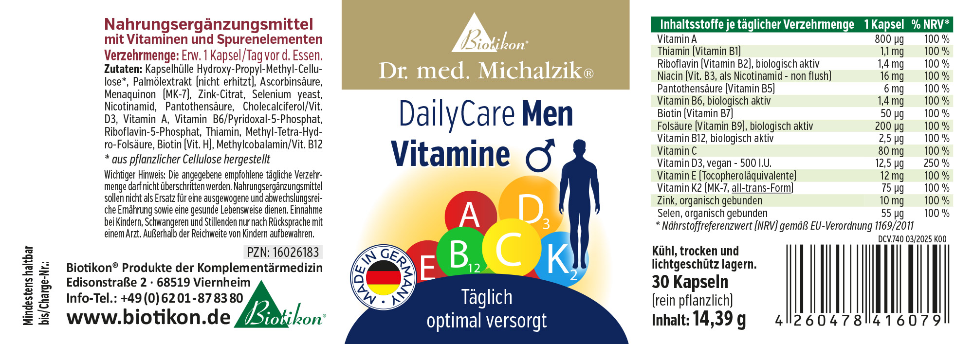 Vitaminas 1 Cápsula – DailyCare Hombres Suplemento alimenticio en cápsulas, 30 cápsulas, envase verde, vista frontal del paquete
