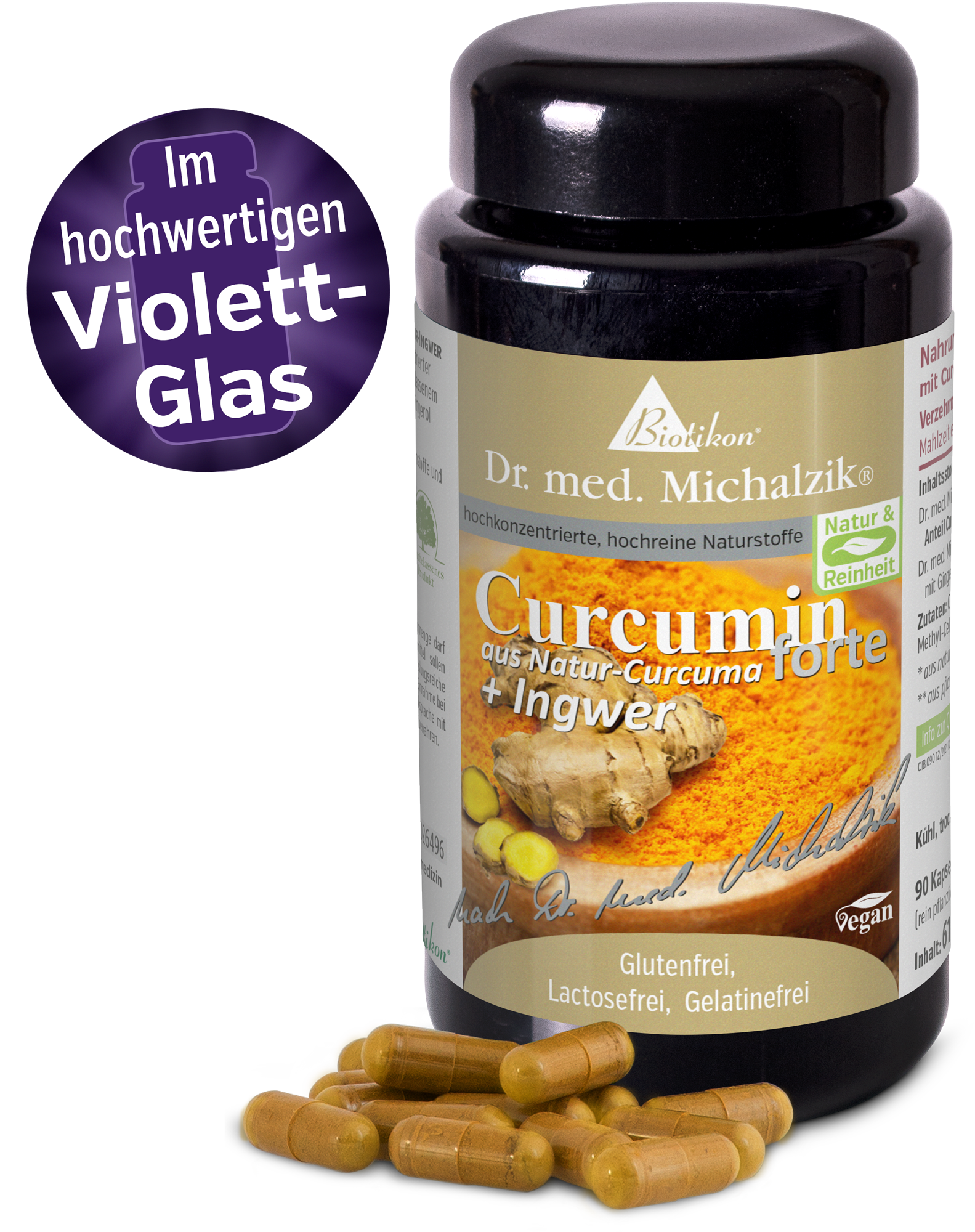 Curcumin forte – 90 cápsulas Cápsulas marrón-amarillas en un frasco de vidrio negro con etiqueta y raíz de jengibre representada.