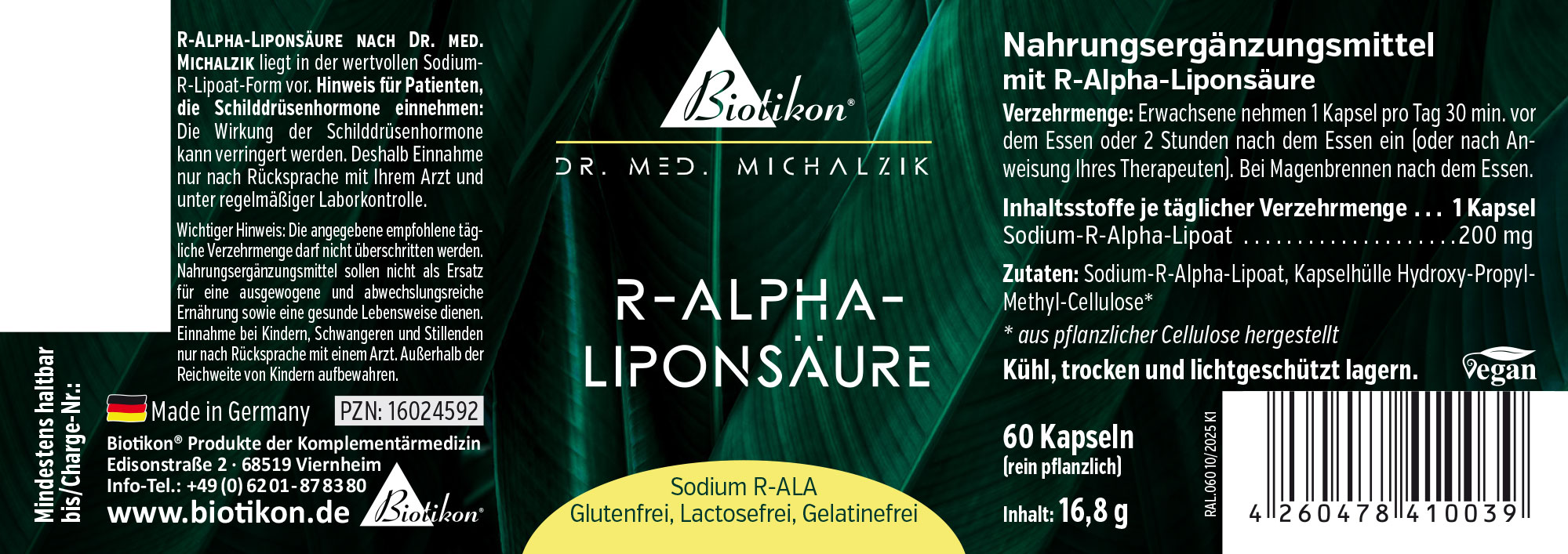 R-Alfa-Lipoico 200 mg – 120 Cápsulas 120 cápsulas de R-Alfa-Lipoico, envase vegano, texto en verde y dorado, vista lateral.