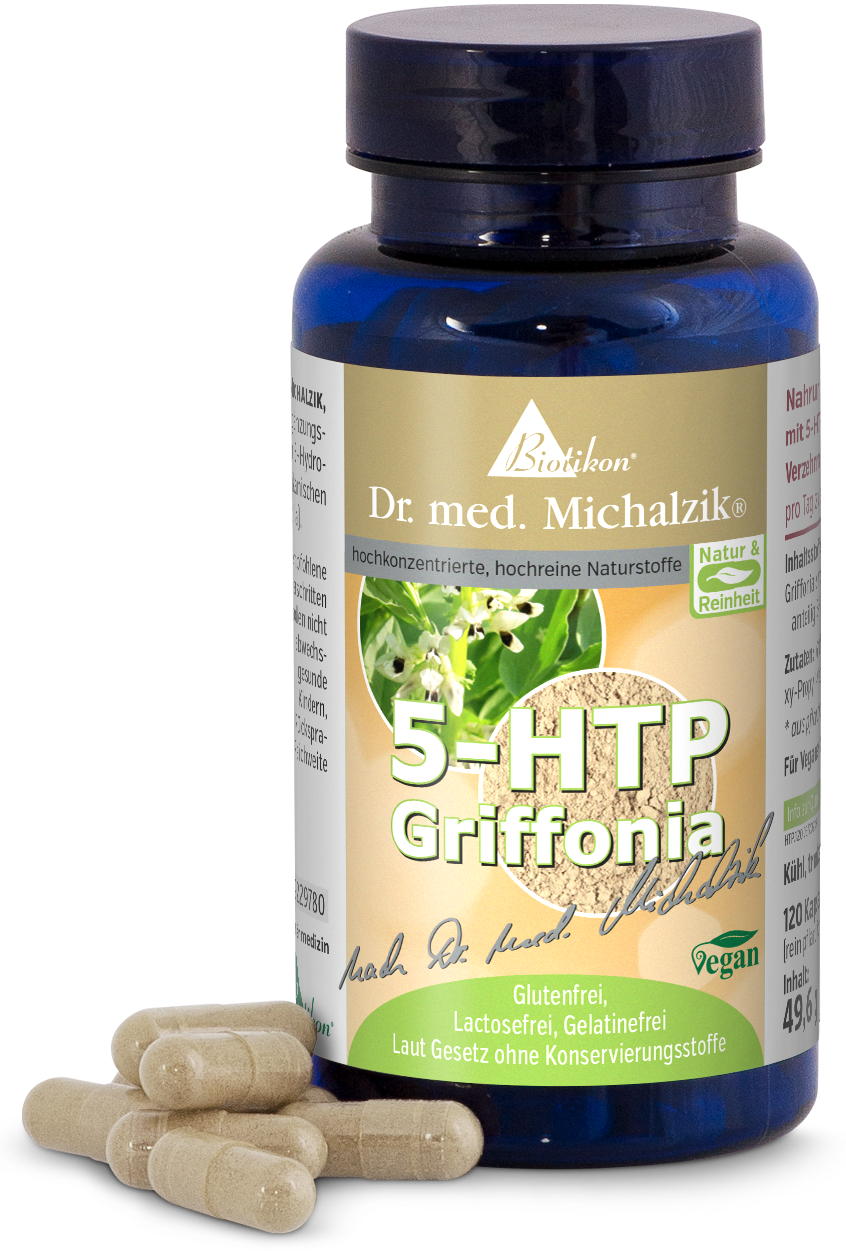 5-HTP Griffonia – 120 cápsulas veganas Cápsulas marrones de 5-HTP Griffonia en una botella azul, 120 cápsulas, veganas.