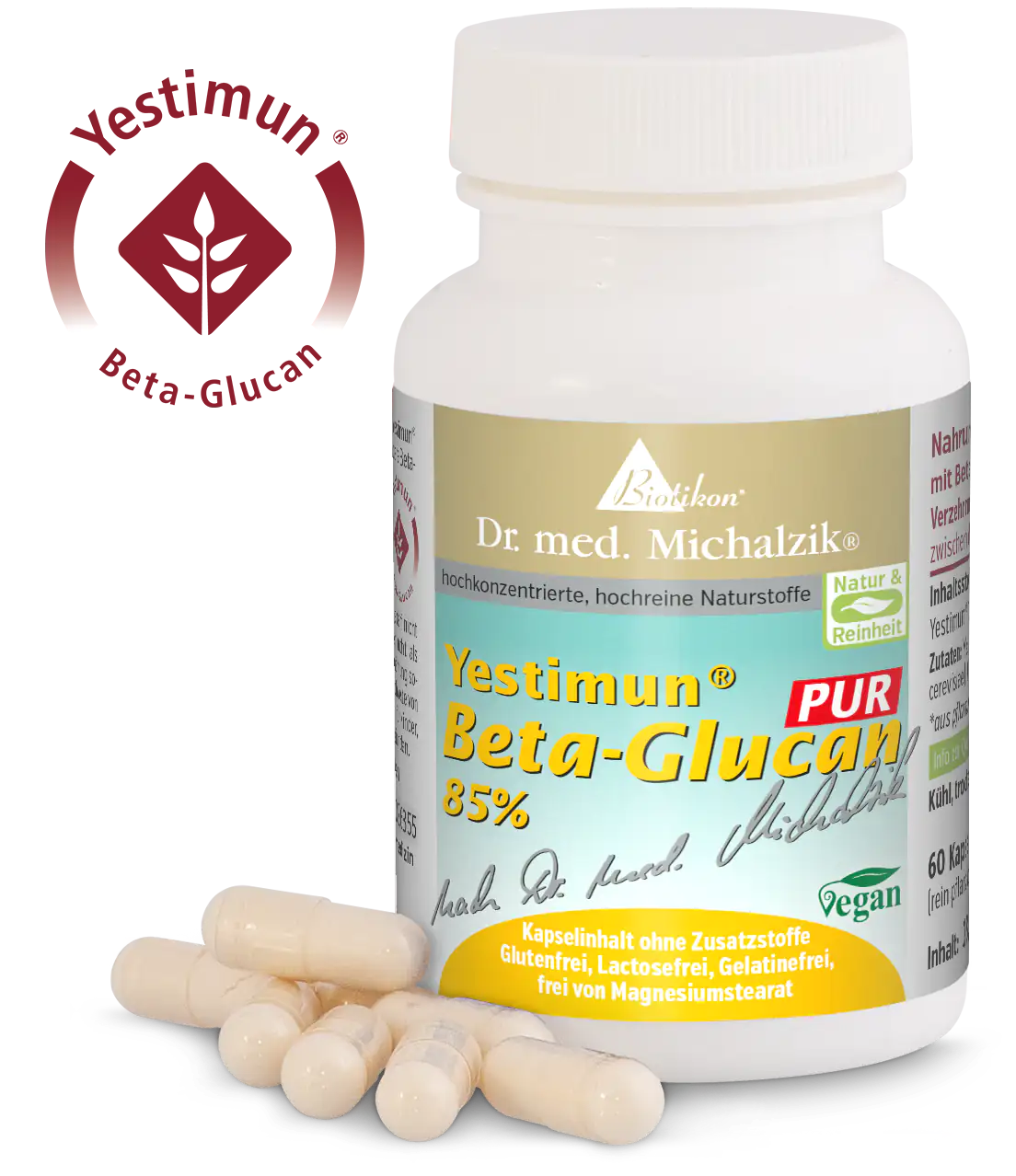 Beta-Glucano 85% – Cápsulas 60 cápsulas de beta-glucano en un envase blanco, veganas, sin aditivos.