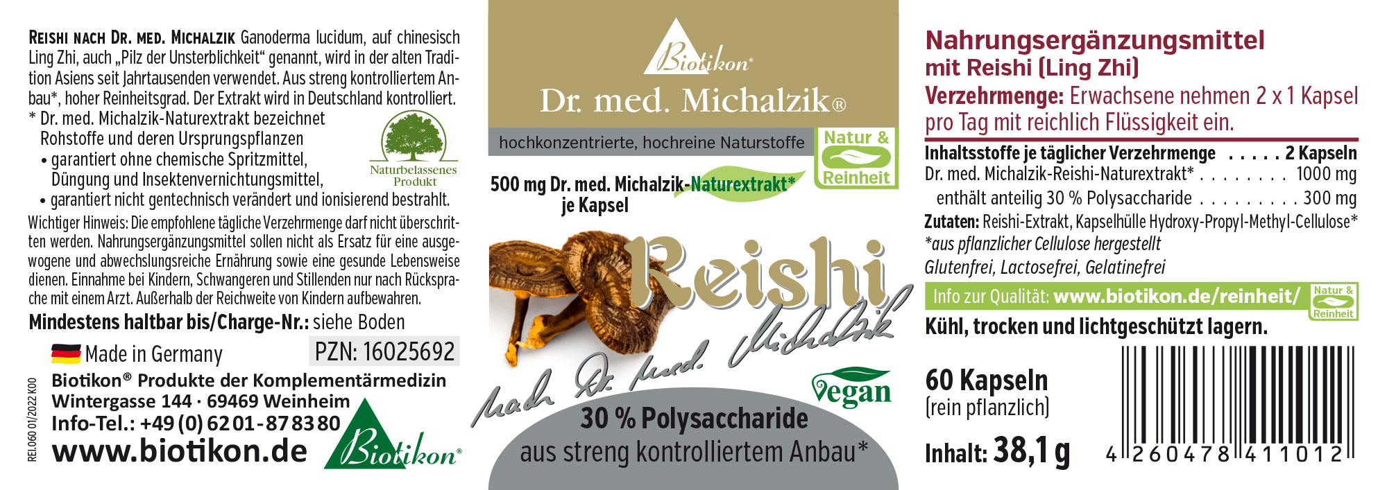 Reishi 500 mg - Cápsulas Cápsulas de hongo Reishi, 60 unidades, cápsula marrón oscura, de Biotikon, veganas, en envase de plástico.