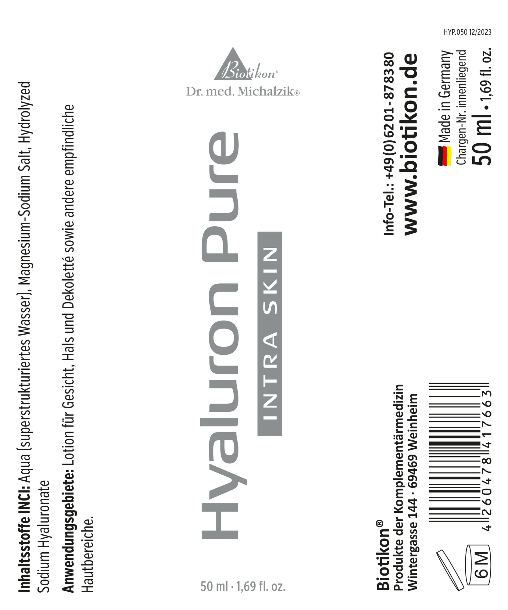 Lotion Hyaluron Pure en botella de 50 ml, de color azul claro, ideal para el cuidado de la piel.