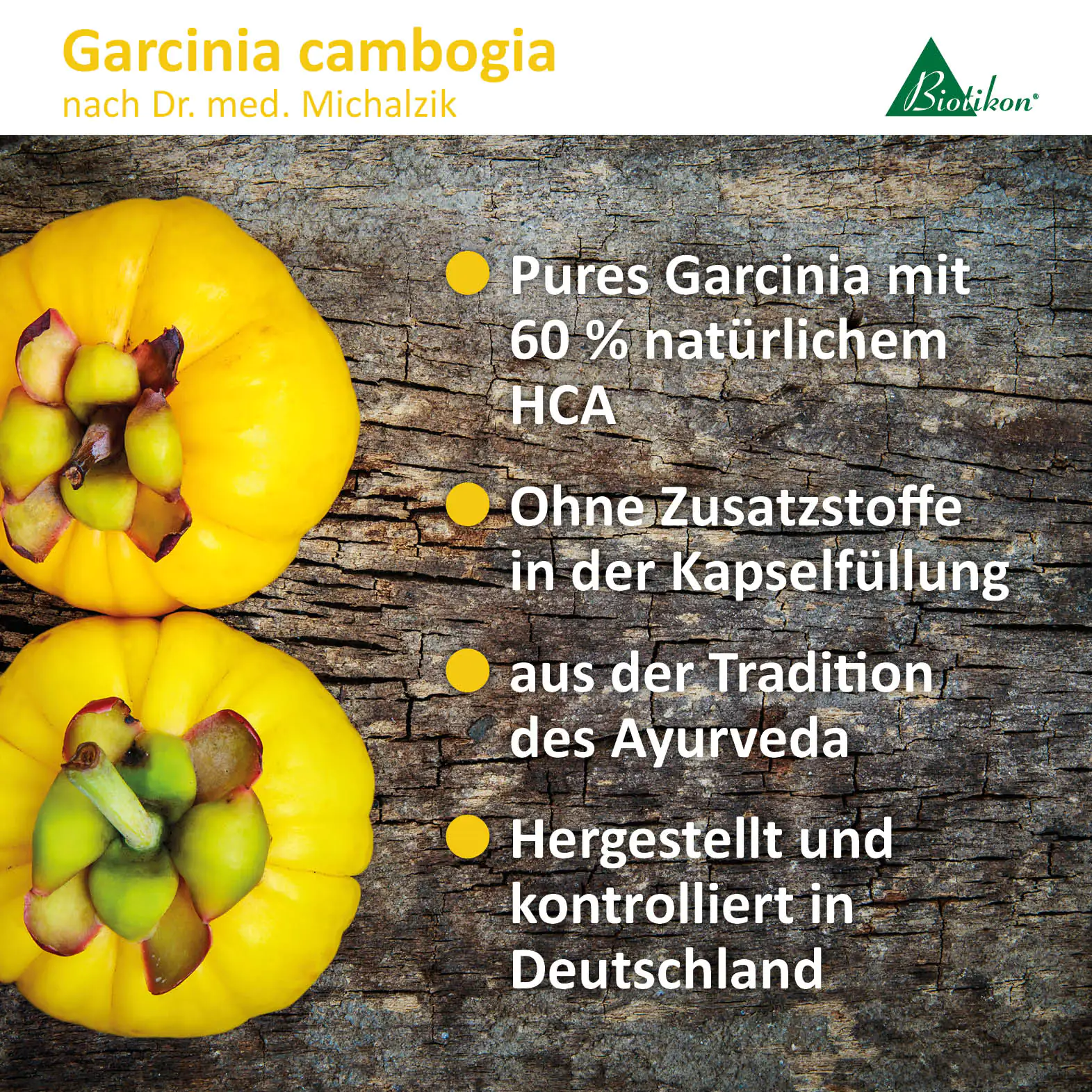 Frutas de Garcinia cambogia sobre fondo de madera, de color amarillo brillante, utilizadas en cápsulas.