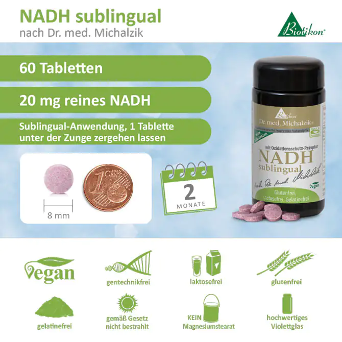 NADH sublingual 20 mg – 60 Tabletillas 60 tabletillas NADH sublingual, tabletillas rosas, envase transparente, fórmula vegana, 20 mg por tabletilla.
