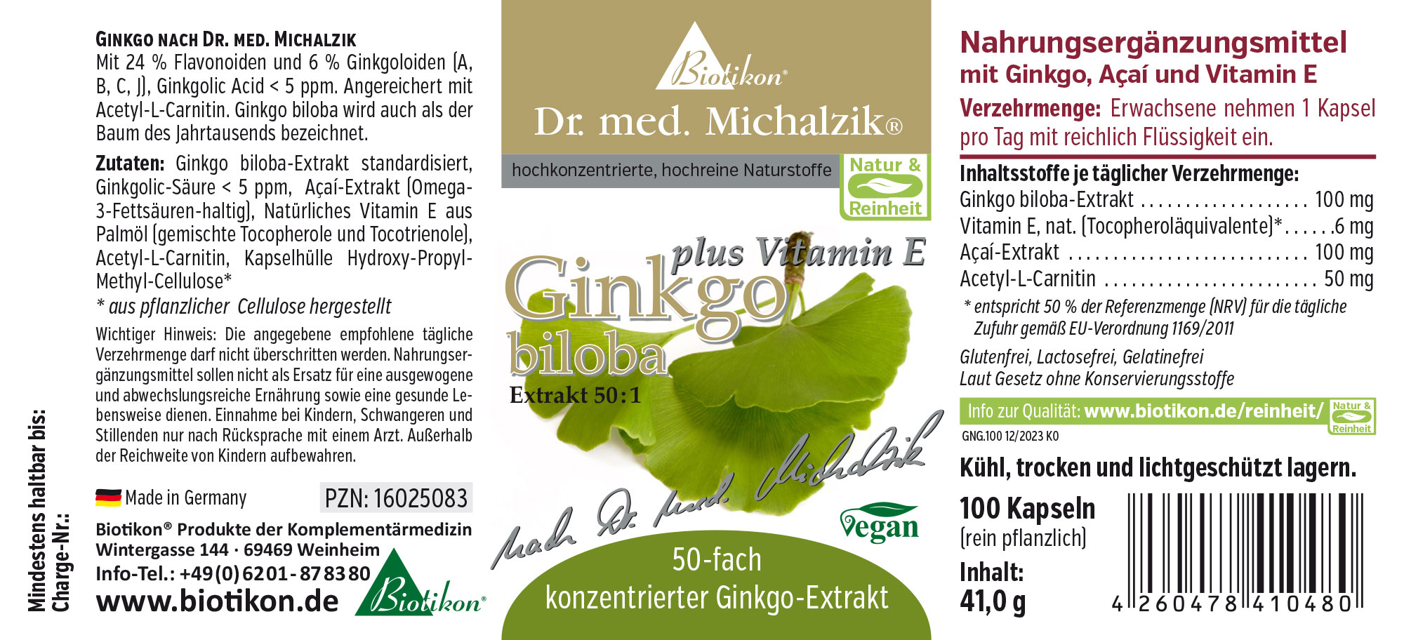 Ginkgo biloba 100 mg – 100 cápsulas Suplemento de Ginkgo biloba Extracto 50:1, 100 cápsulas, envase verde, leve inclinación en la perspectiva.