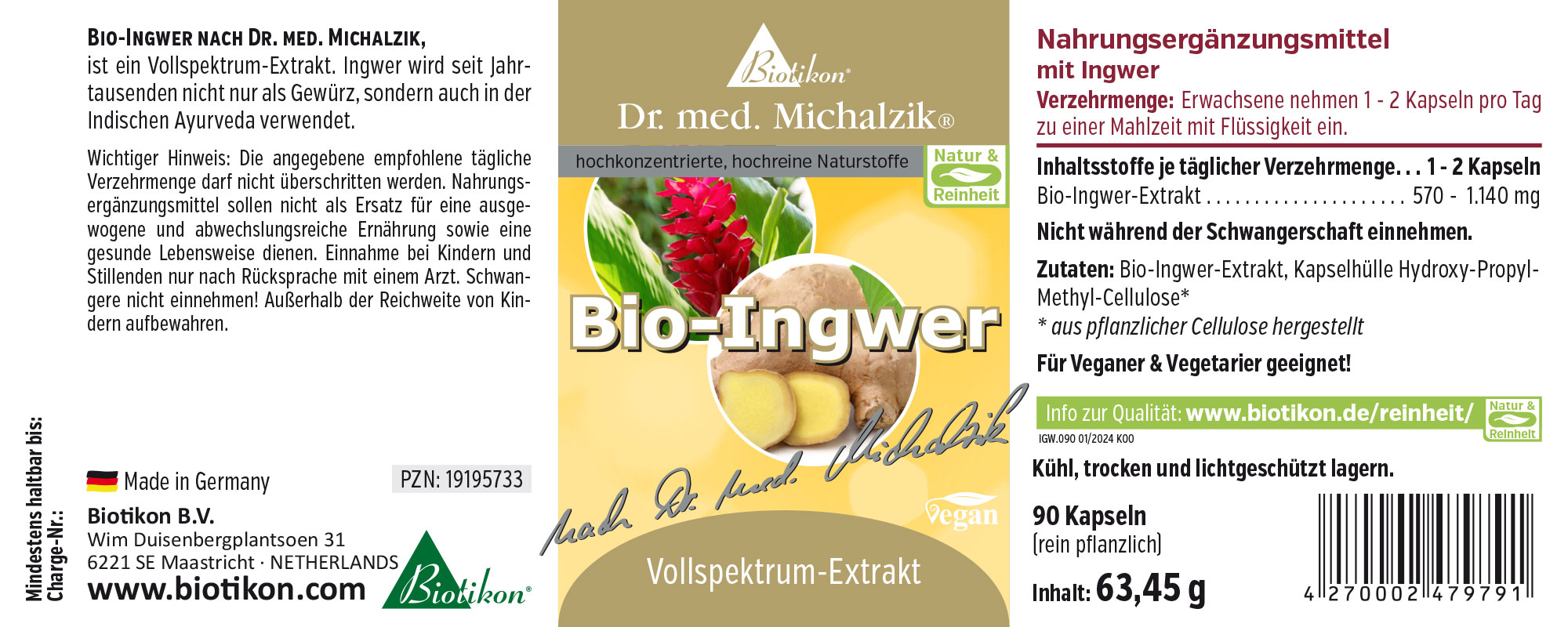 Jengibre Bio 1-2 Cápsulas – Extracto de Espectro Completo Suplemento dietético de jengibre bio en cápsulas, 90 unidades, envase amarillo, vista frontal.