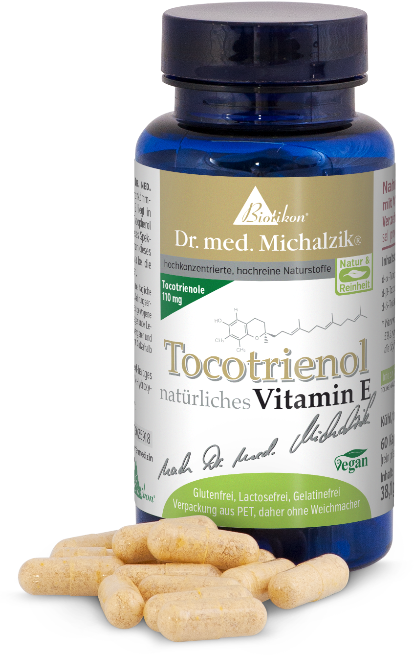 Tocotrienol 110 mg – Cápsulas Cápsulas de Tocotrienol, 60 unidades, forma natural de vitamina E, cápsulas amarillas en botella de PET.