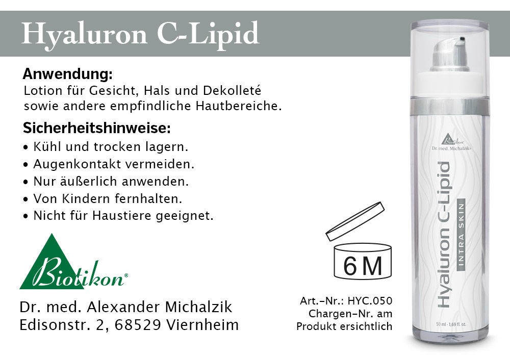 Hyaluron C-Lipid – Loción de 50 ml Loción Hyaluron C-Lipid de 50 ml, para cara, cuello y escote, dispensador transparente, vista frontal