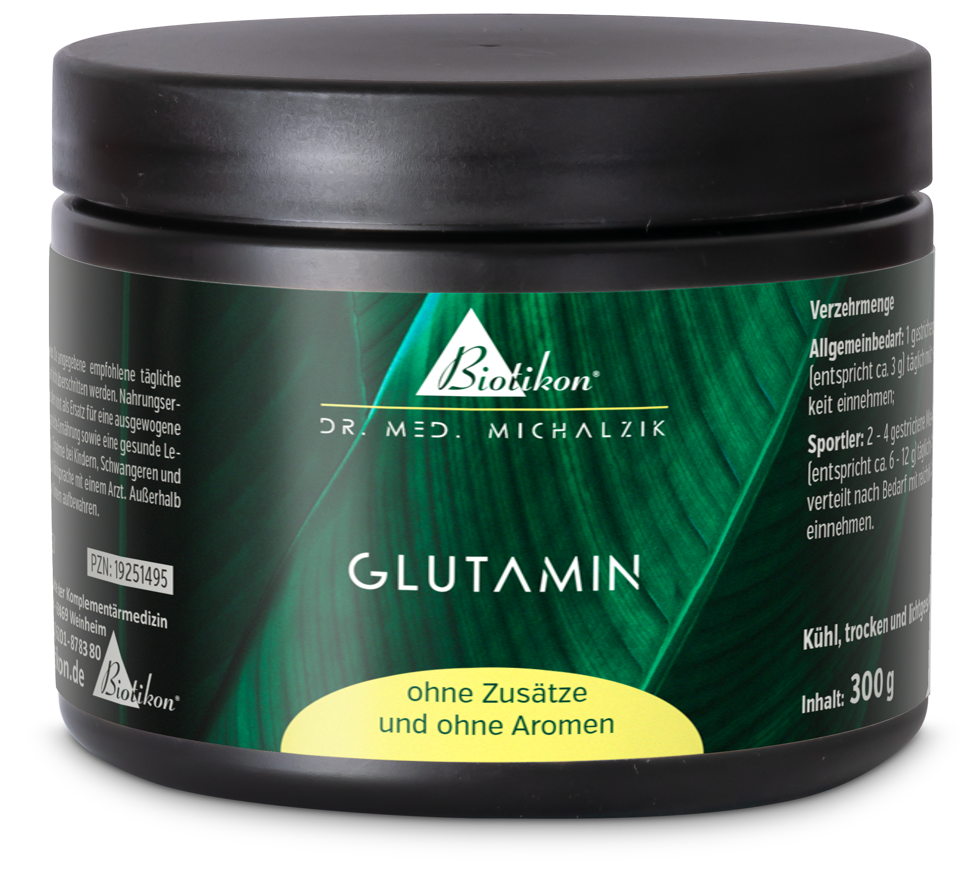 Glutamina 300 g – Polvo Polvo de glutamina en envase plástico negro, 300 g, sin aditivos ni sabores, embalaje verde