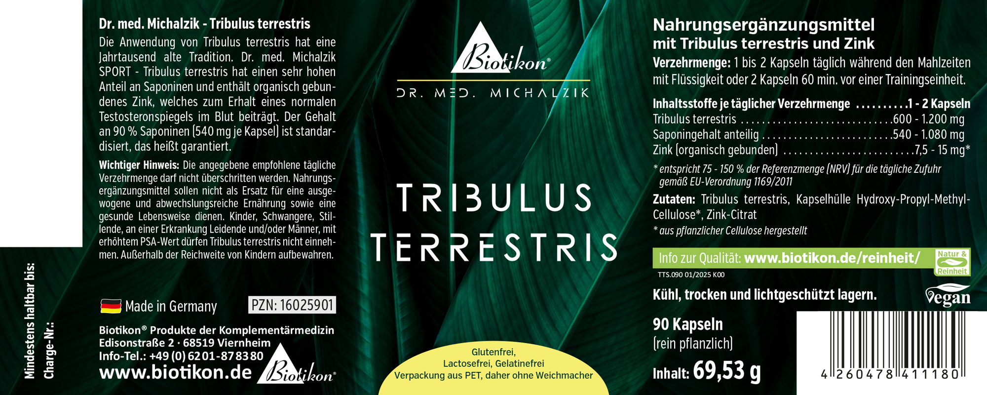 Tribulus terrestris 90 cápsulas – Suplemento dietético Suplemento dietético Tribulus terrestris en un envase con 90 cápsulas, colores verde y amarillo, vista frontal.