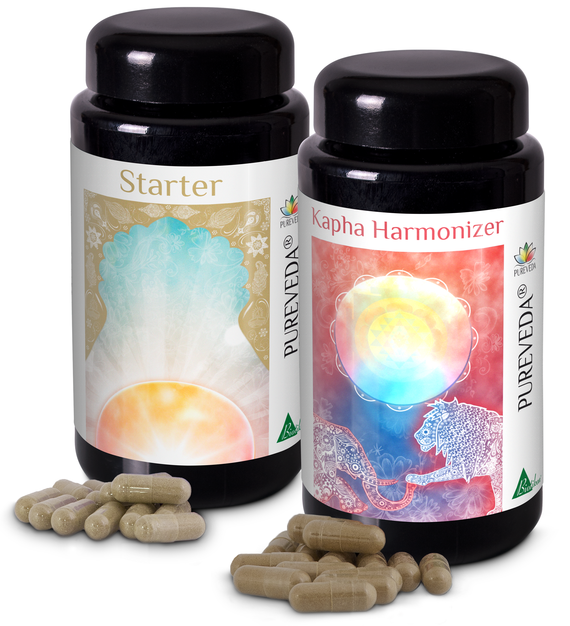 Cápsulas Ayurvédicas – Iniciador & Harmonizador Kapha Dos frascos de cápsulas ayurvédicas, uno en tonos claros y otro en colores vibrantes, con varias cápsulas al lado.