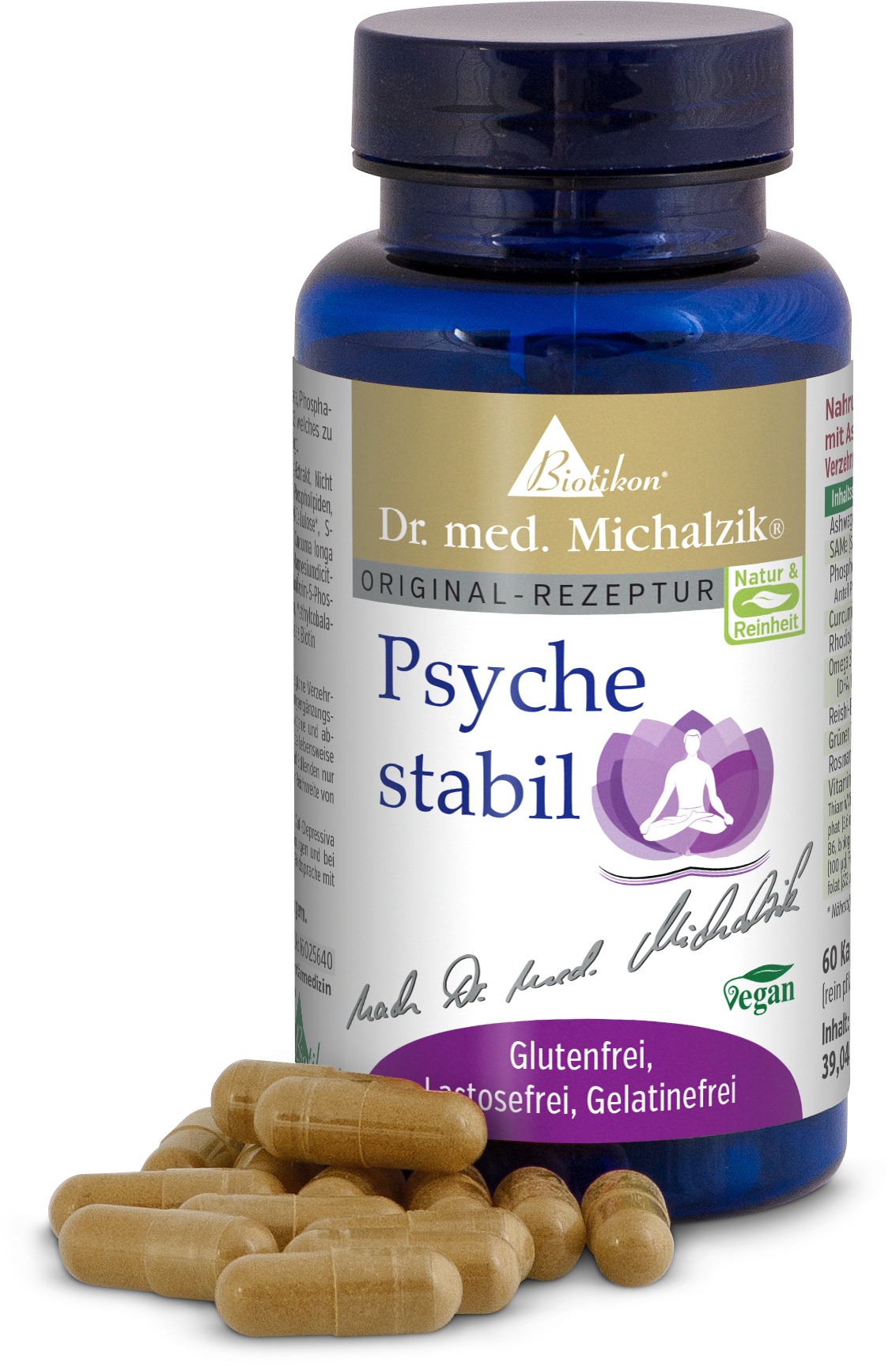 Psyche estable – 60 cápsulas Envase de cápsulas de Psyche estable con 60 cápsulas vegetarianas, de color amarillo-marrón, en botella azul.