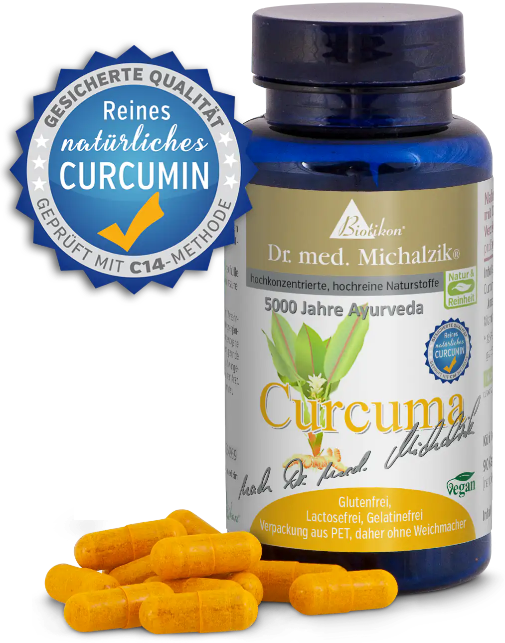 Cápsulas amarillas en empaque PET, Cúrcuma 500 mg, veganas, sin gluten, vista detallada