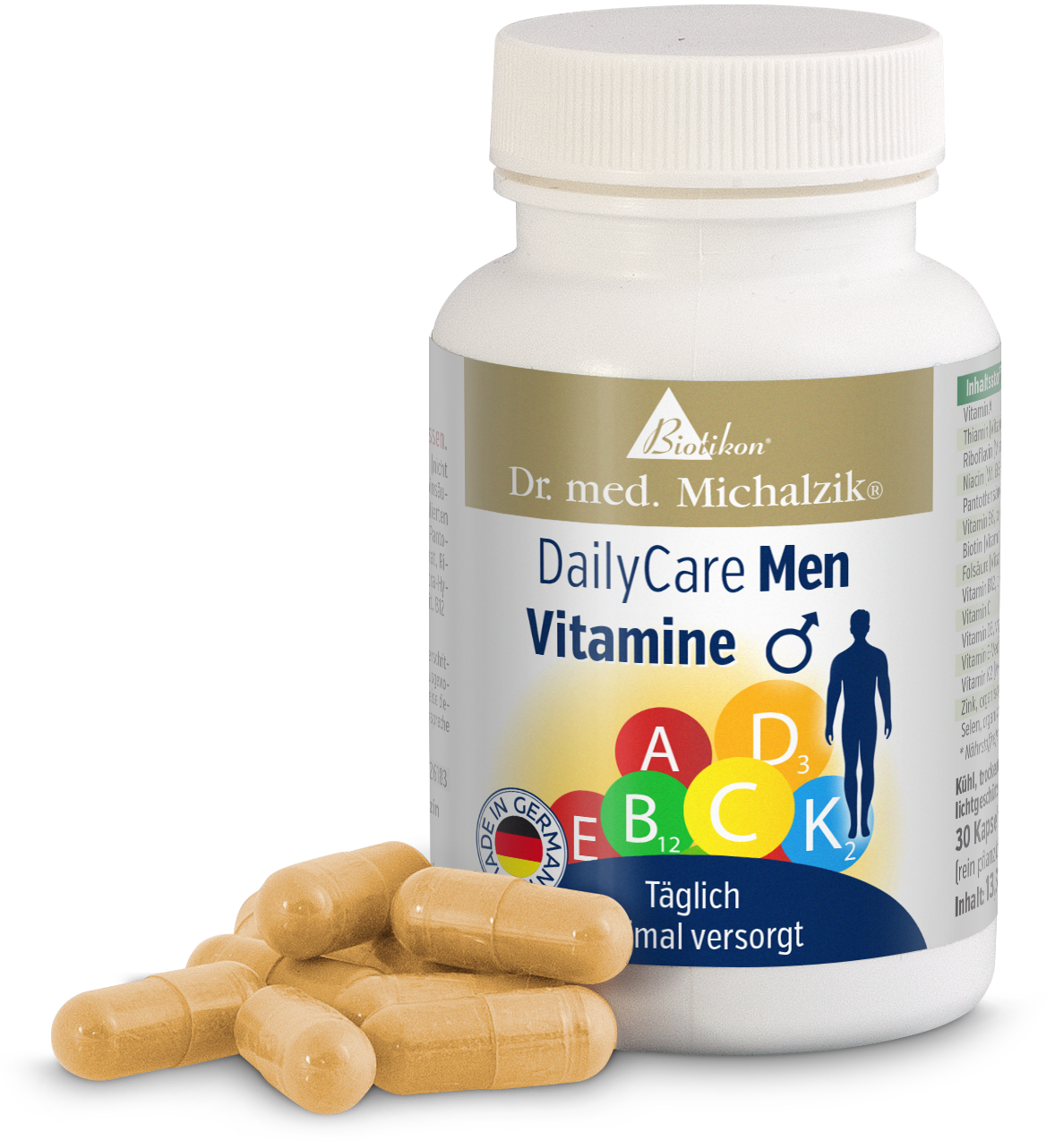 DailyCare Hombres Vitaminas - Cápsulas Paquete de vitaminas DailyCare Hombres, 30 cápsulas, color beige, cápsulas visibles al lado.