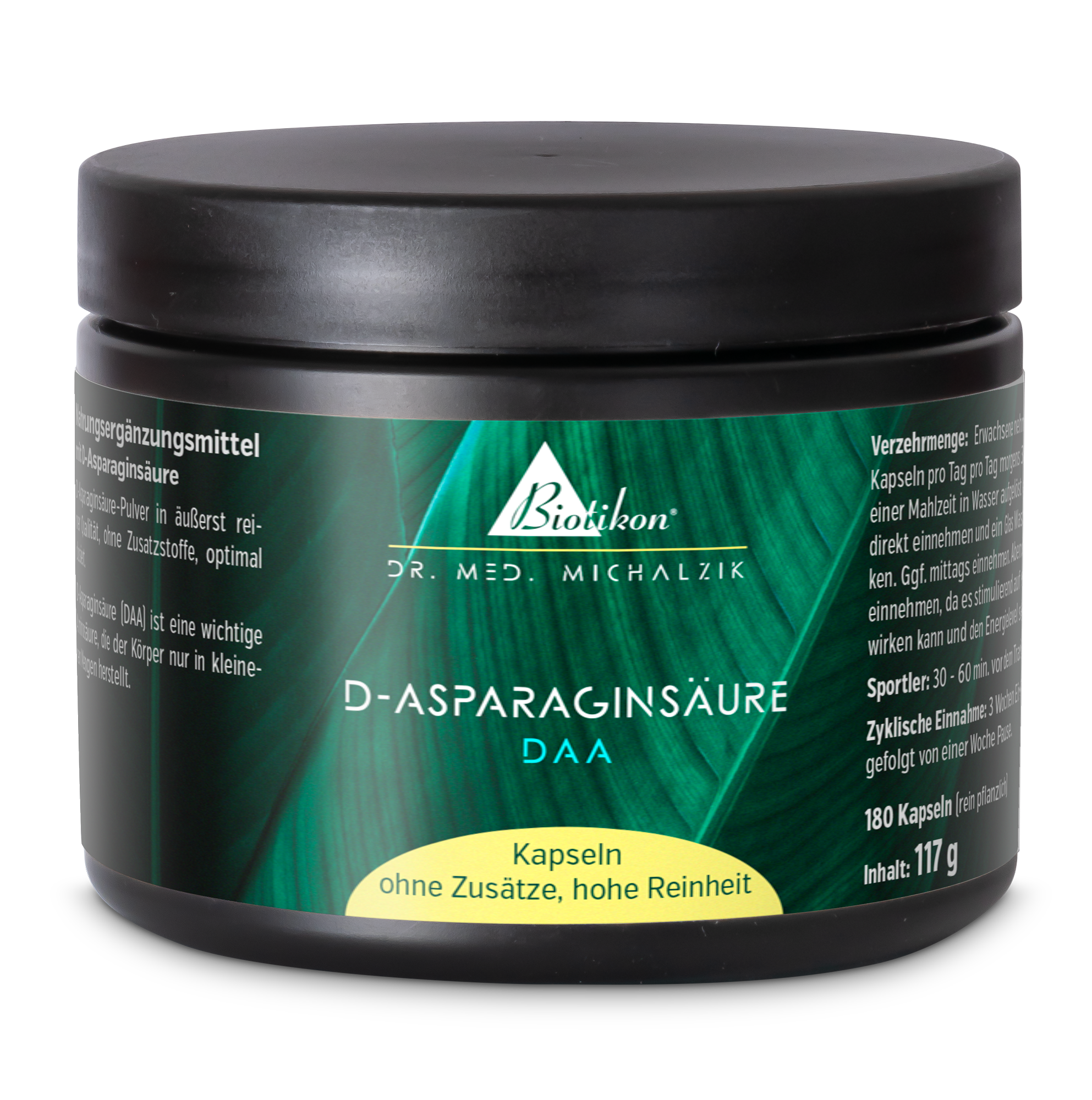 Envase de D-Asparagina, 180 cápsulas, empaque negro con acentos verdes.